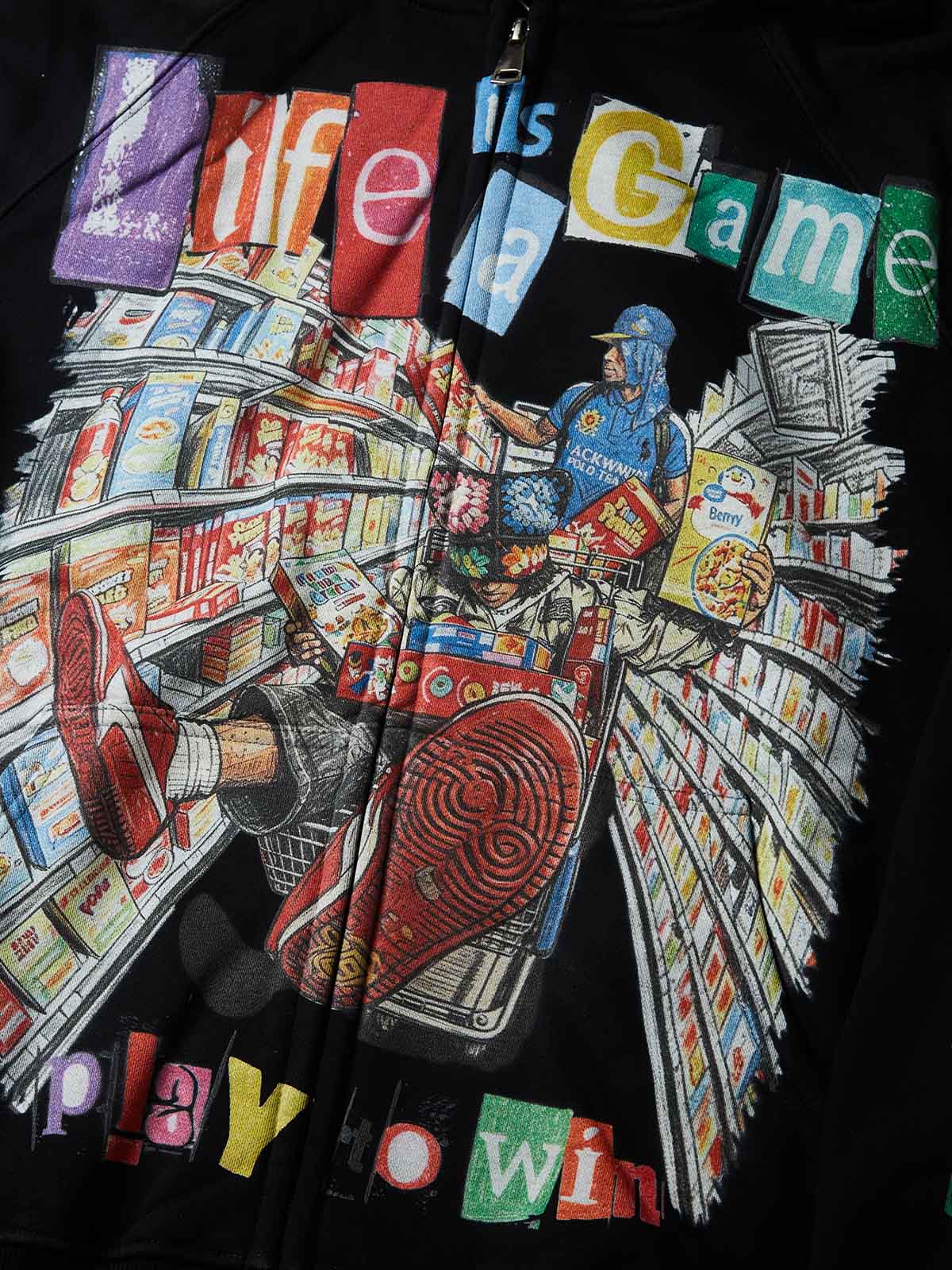 NOISSEY Pop-Art Supermarket Collage Full-Zip Hoodie - White / Black Streetwear Hoodie