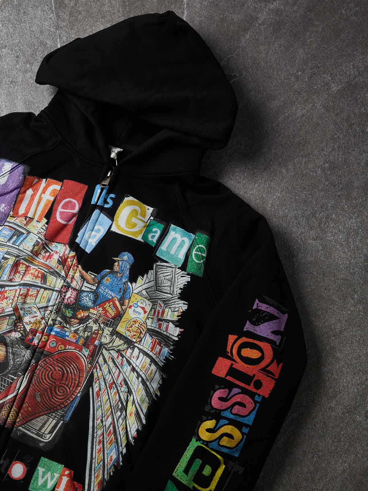 NOISSEY Pop-Art Supermarket Collage Full-Zip Hoodie - White / Black Streetwear Hoodie