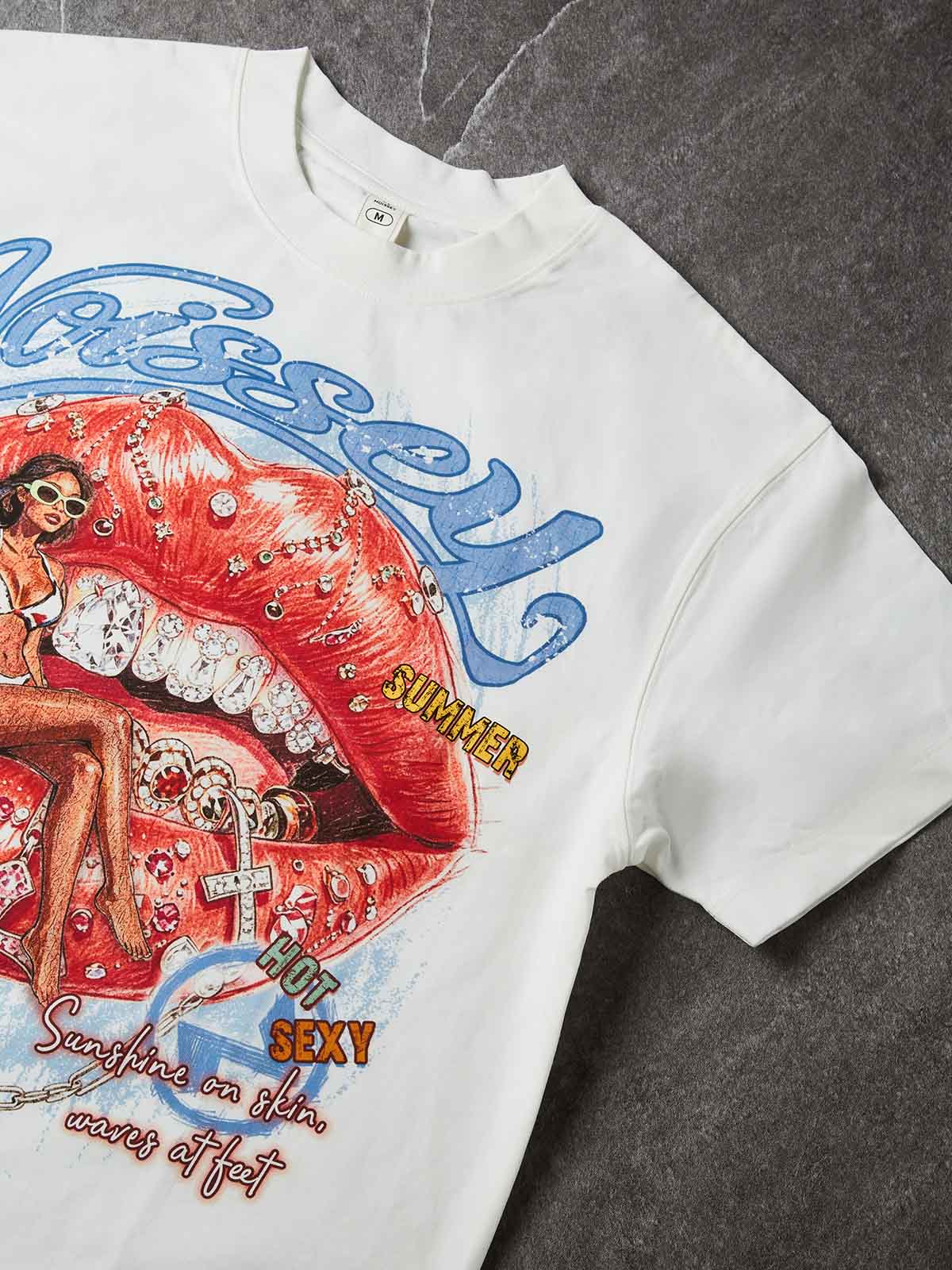 NOISSEY American Graffiti Bikini Girl & Diamond Lips Graphic T-Shirt - Pure White