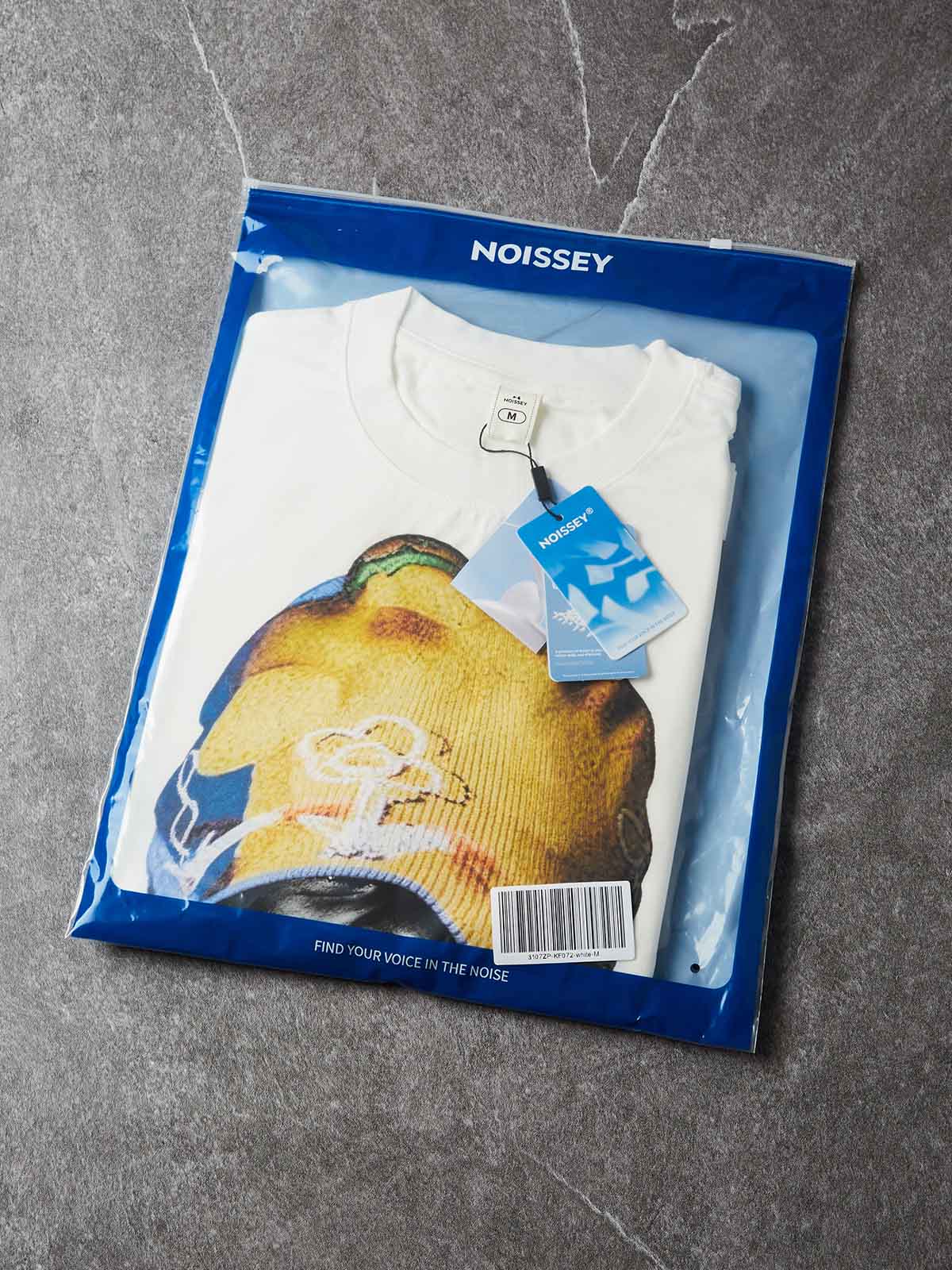 NOISSEY Yellow &amp; Blue Knit Beanie Hip-Hop Boy Graphic Boxy Tee - White Heavyweight Streetwear T-Shirt