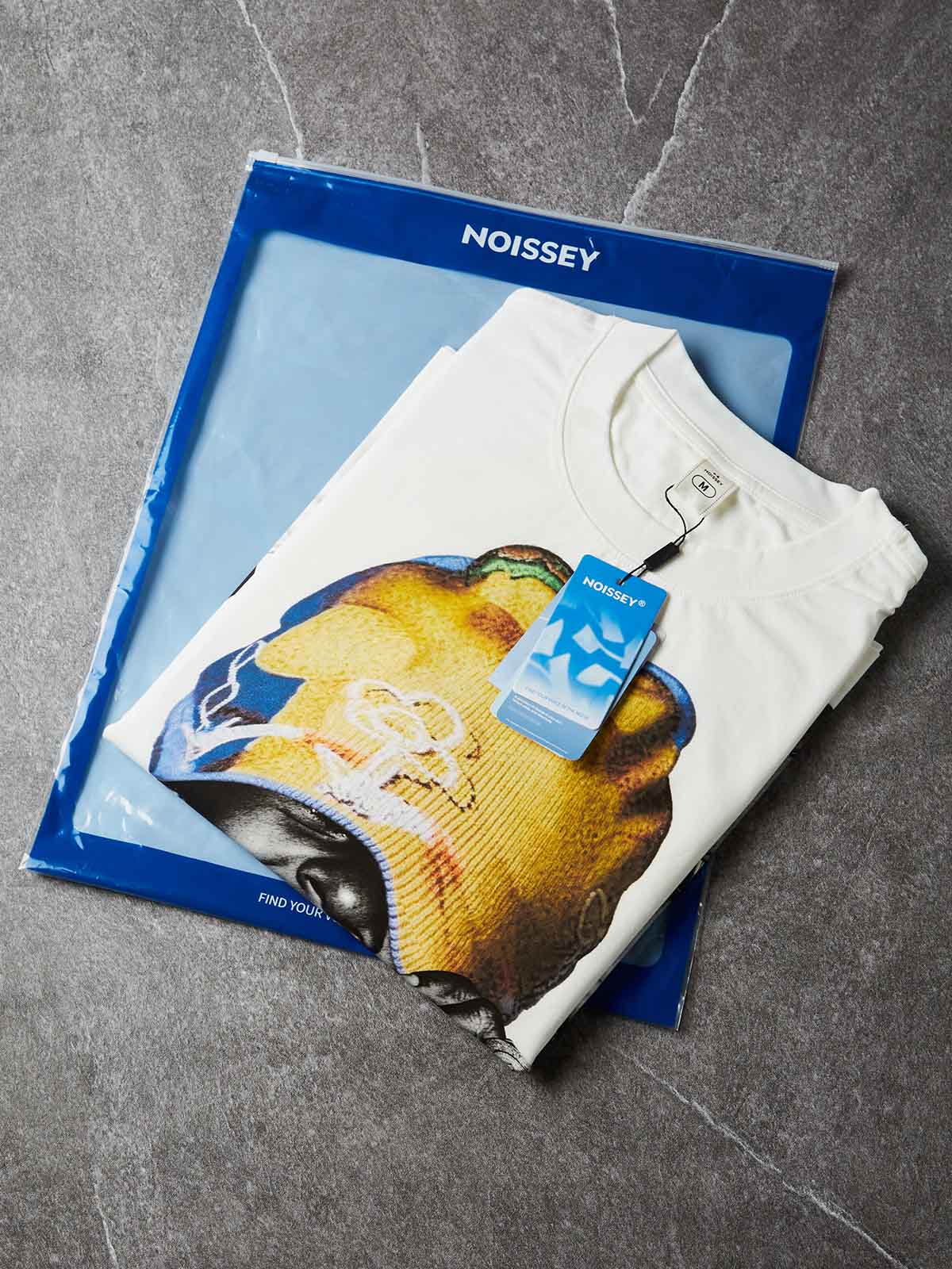 NOISSEY Yellow &amp; Blue Knit Beanie Hip-Hop Boy Graphic Boxy Tee - White Heavyweight Streetwear T-Shirt