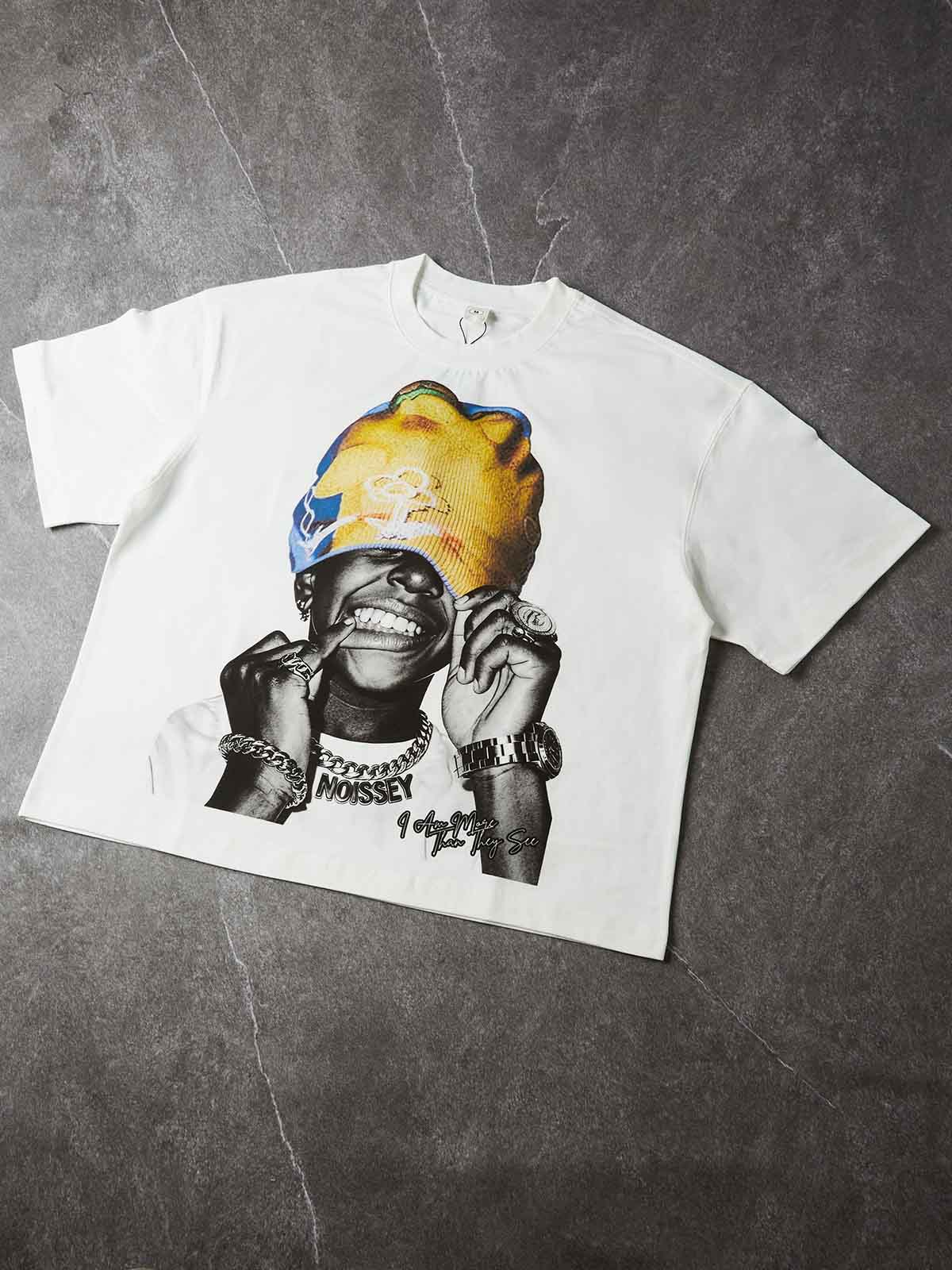 NOISSEY Yellow &amp; Blue Knit Beanie Hip-Hop Boy Graphic Boxy Tee - White Heavyweight Streetwear T-Shirt