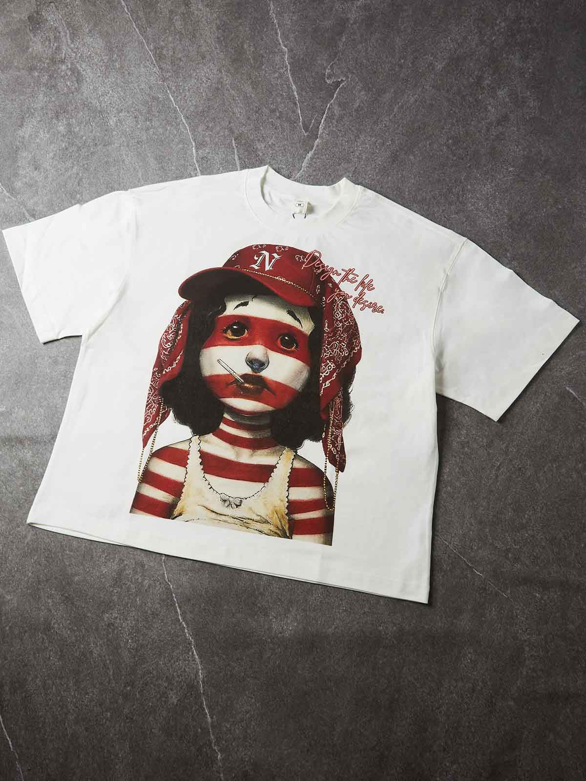 NOISSEY Red Bandana Striped Girl Oil Painting Graphic Boxy Tee - White Heavyweight Streetwear Shirt