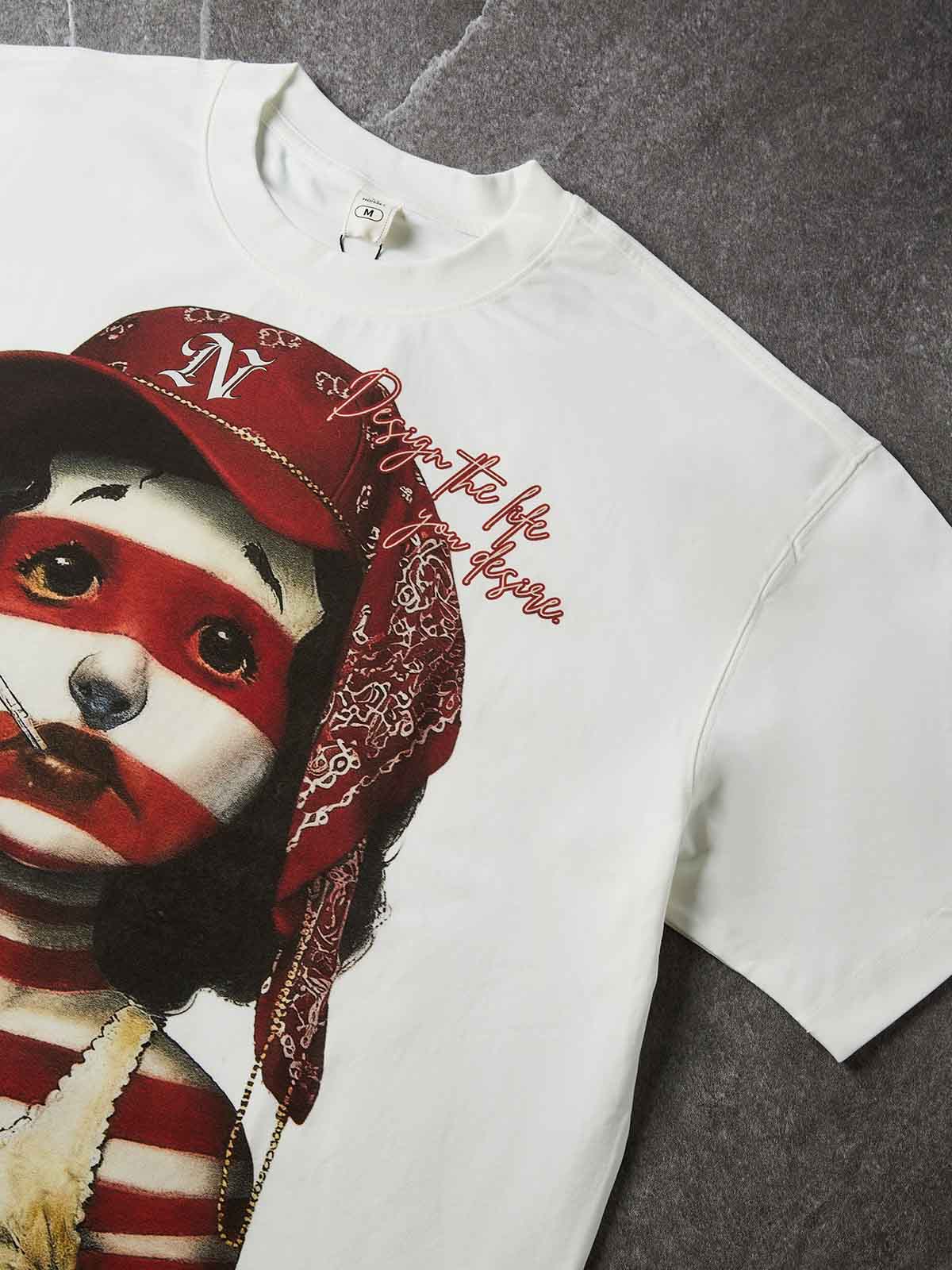 NOISSEY Red Bandana Striped Girl Oil Painting Graphic Boxy Tee - White Heavyweight Streetwear Shirt