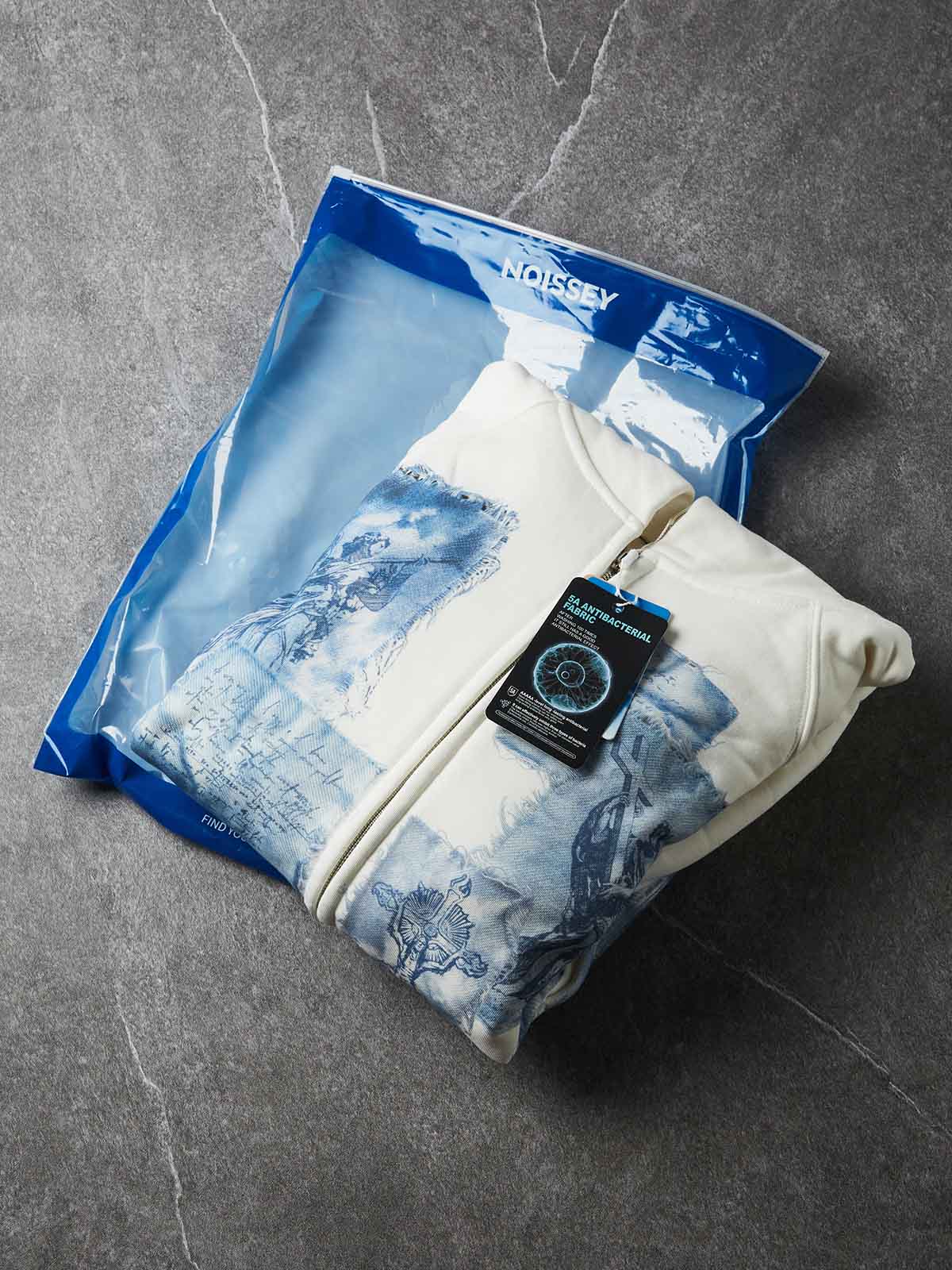 NOISSEY Cyanotype Patchwork Angel Cross Graphic Full-Zip Hoodie - White Streetwear Hoodie