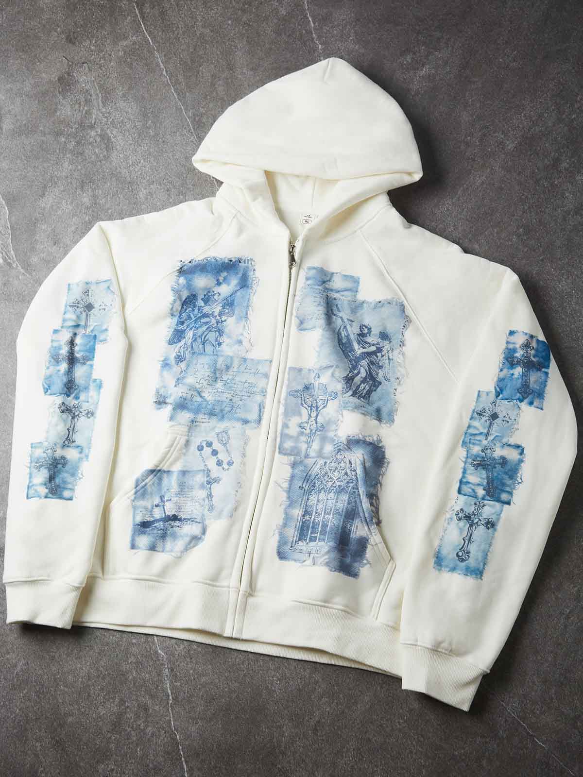 NOISSEY Cyanotype Patchwork Angel Cross Graphic Full-Zip Hoodie - White Streetwear Hoodie