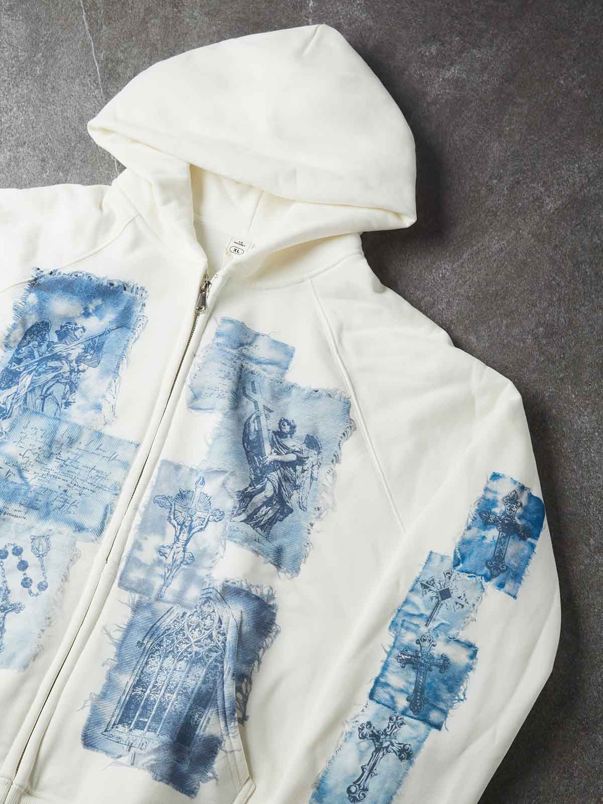 NOISSEY Cyanotype Patchwork Angel Cross Graphic Full-Zip Hoodie - White Streetwear Hoodie