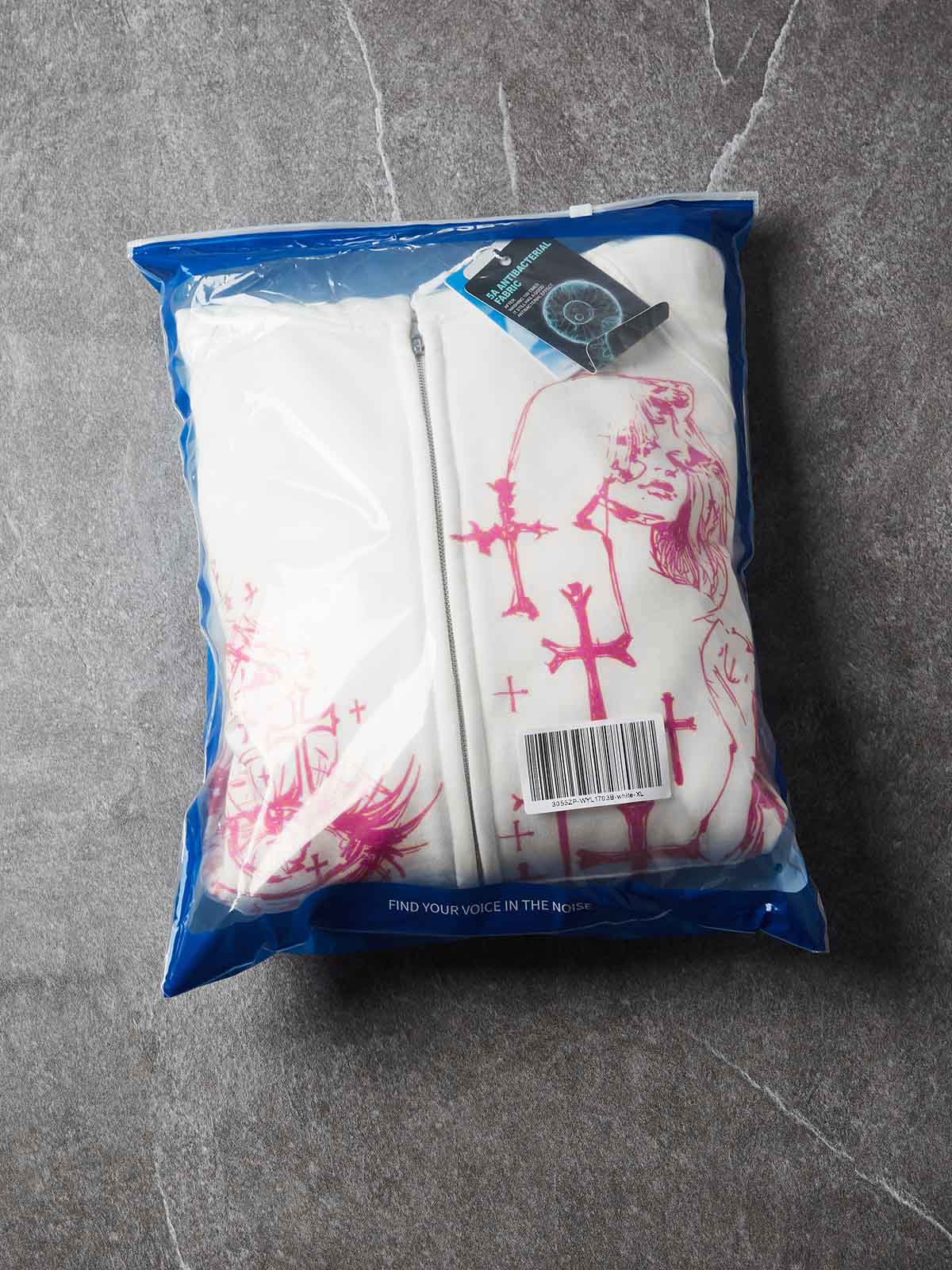 NOISSEY Pink Cross All-Seeing Eye Graffiti Zip-Up Hoodie - Pure White