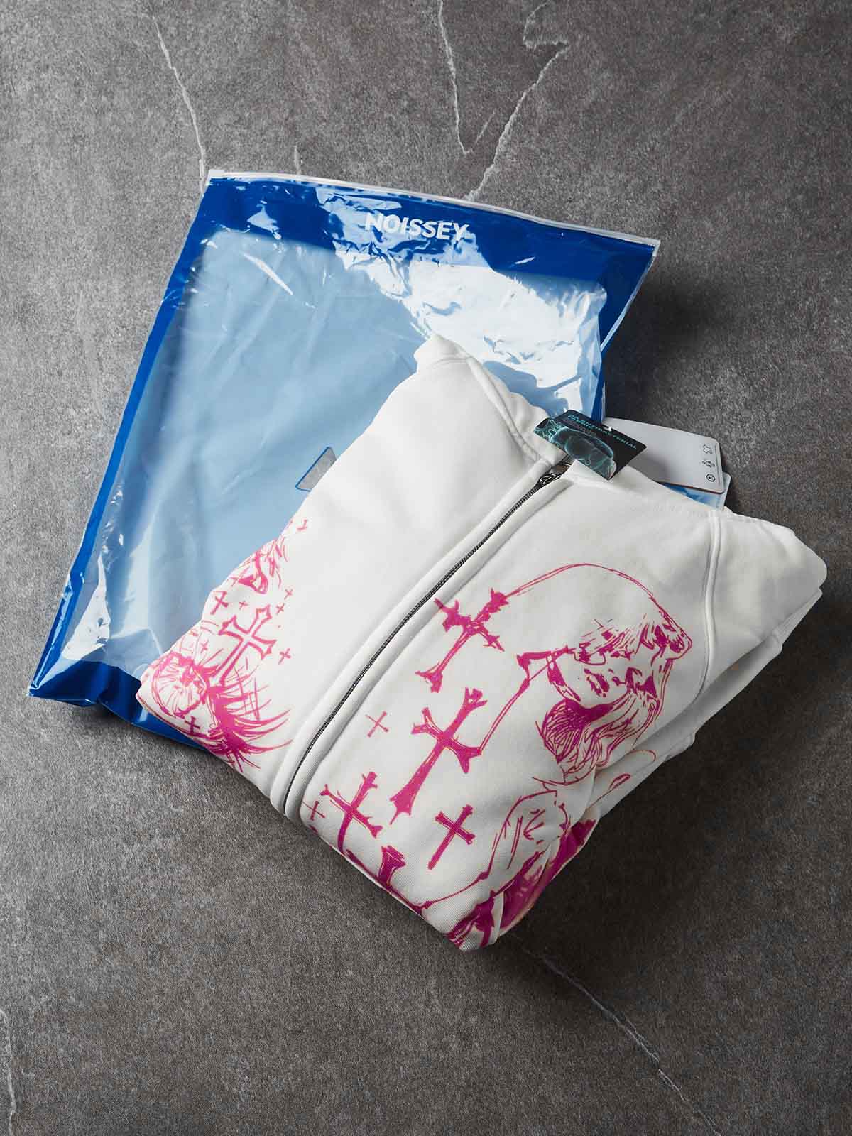 NOISSEY Pink Cross All-Seeing Eye Graffiti Zip-Up Hoodie - Pure White