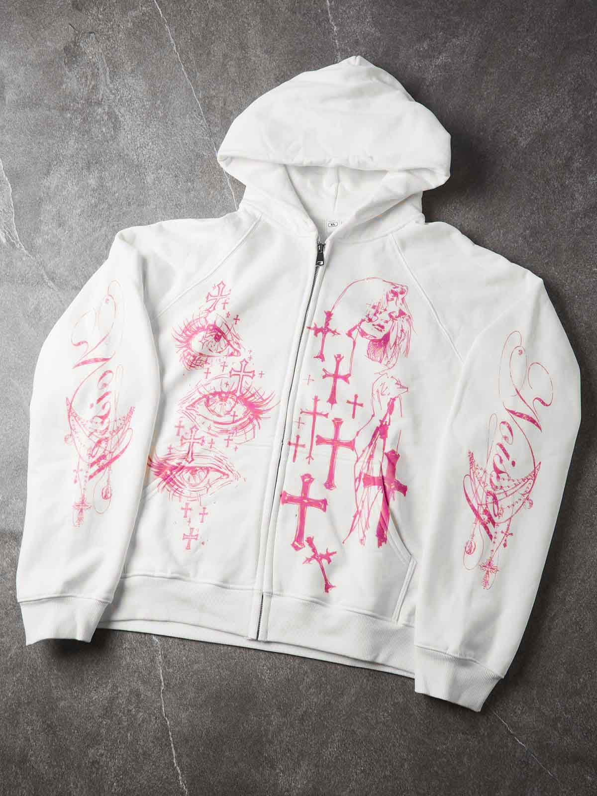 NOISSEY Pink Cross All-Seeing Eye Graffiti Zip-Up Hoodie - Pure White