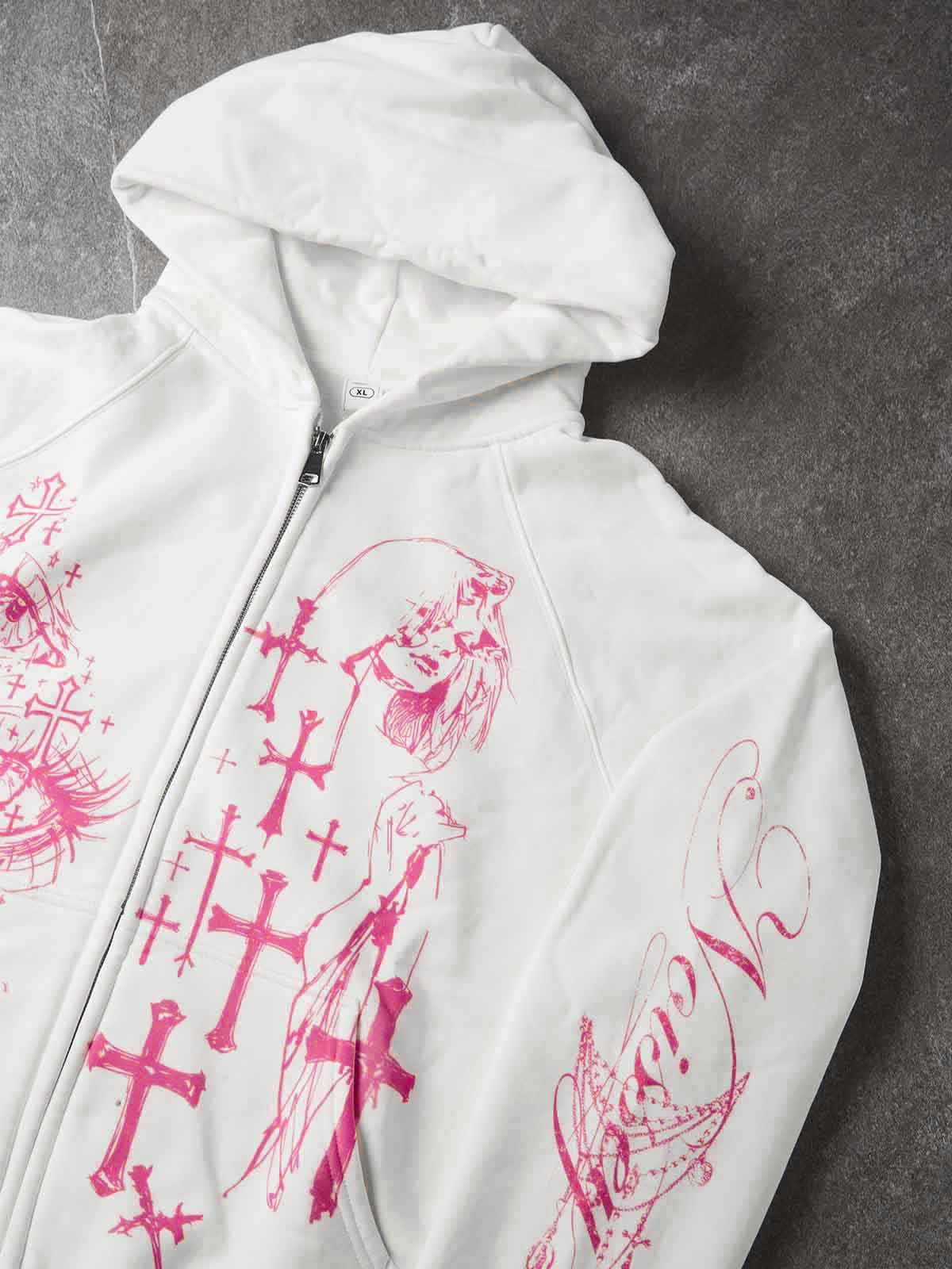 NOISSEY Pink Cross All-Seeing Eye Graffiti Zip-Up Hoodie - Pure White