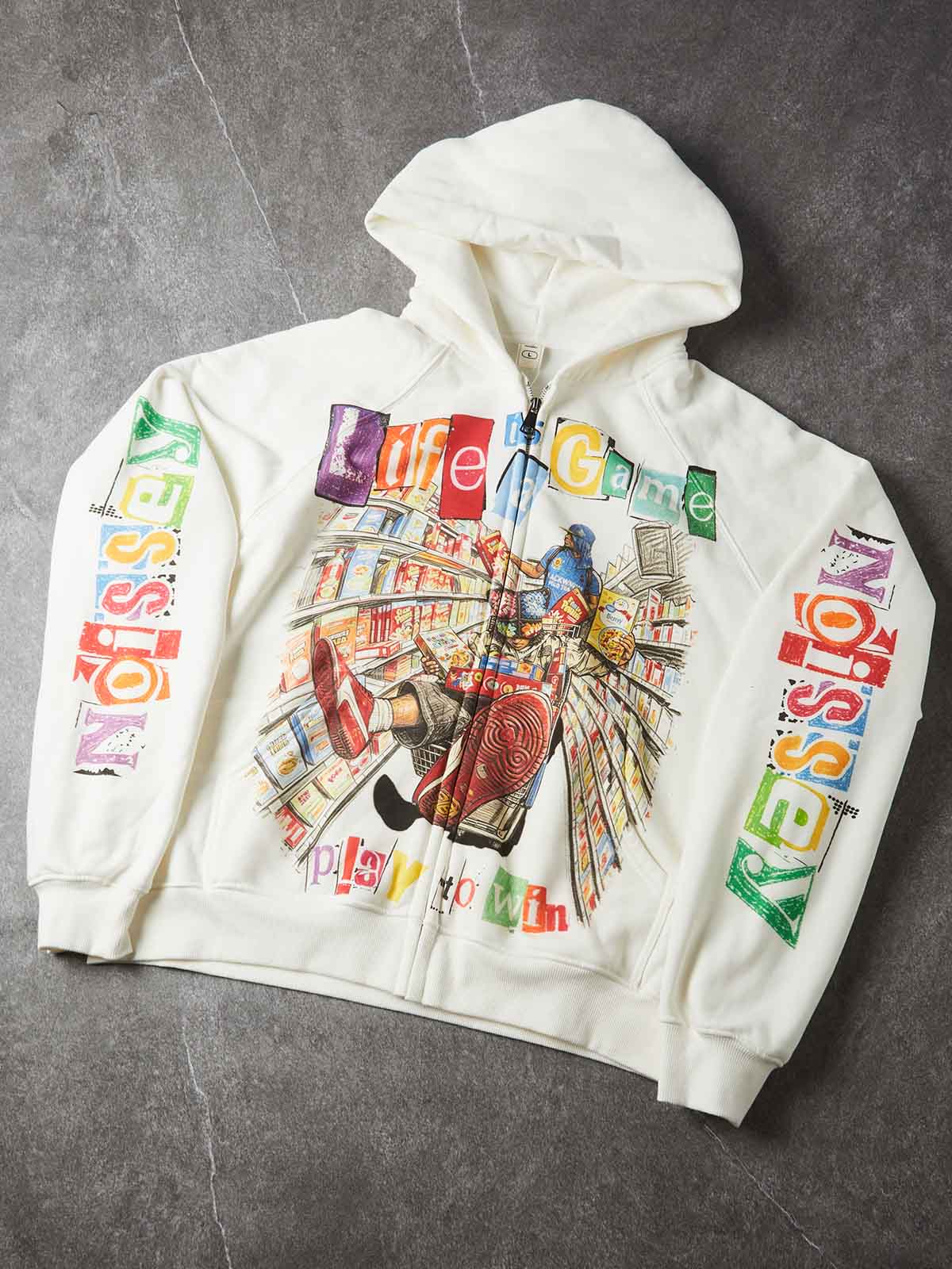 NOISSEY Pop-Art Supermarket Collage Full-Zip Hoodie - White / Black Streetwear Hoodie