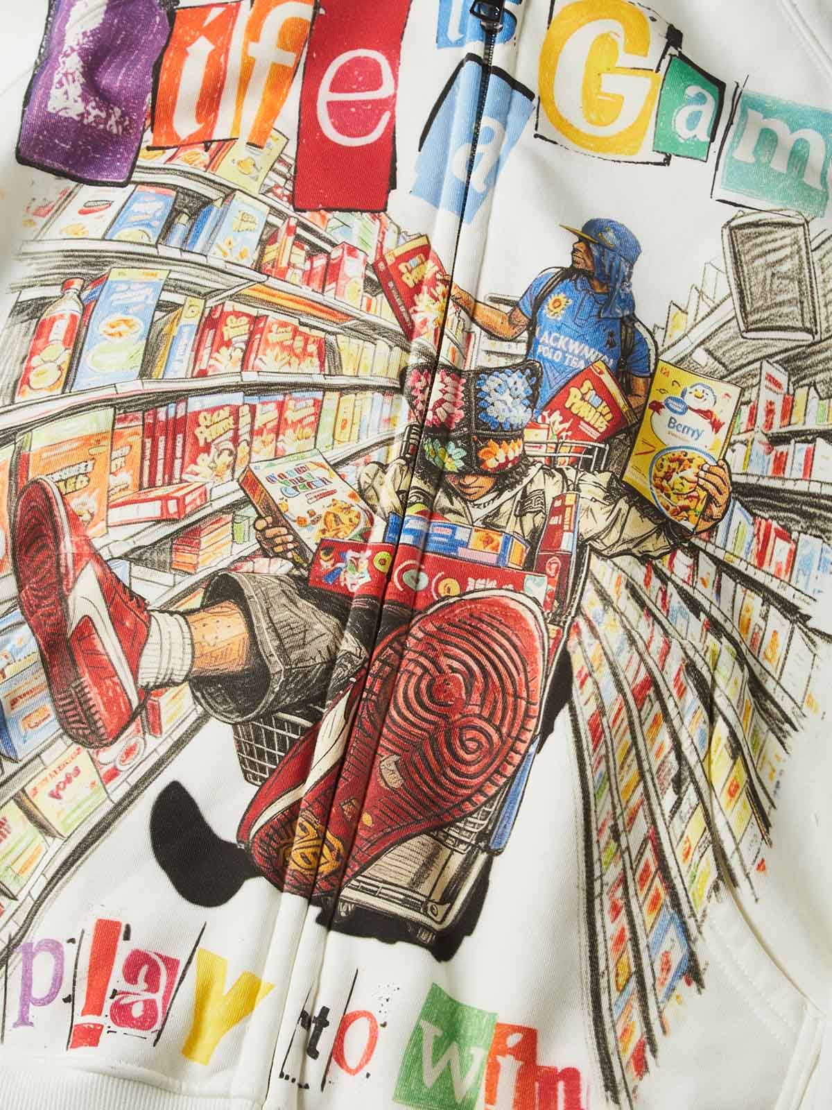 NOISSEY Pop-Art Supermarket Collage Full-Zip Hoodie - White / Black Streetwear Hoodie