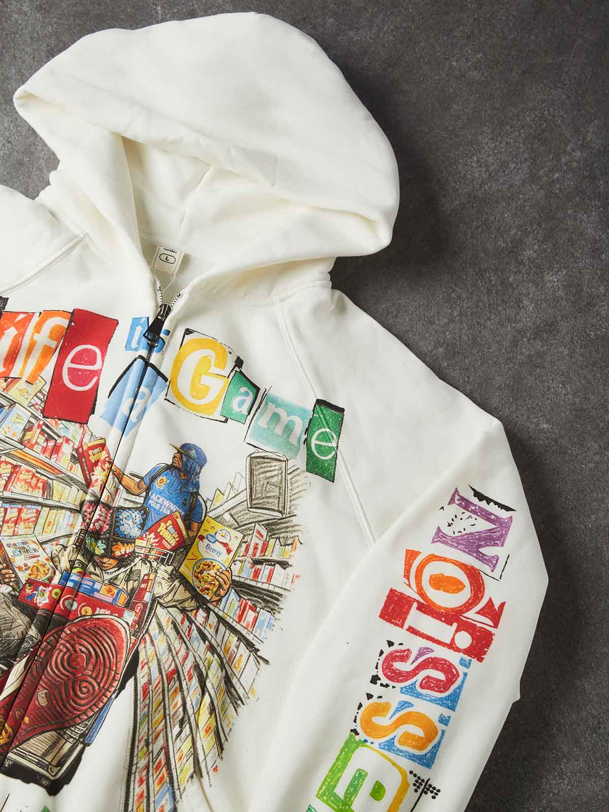 NOISSEY Pop-Art Supermarket Collage Full-Zip Hoodie - White / Black Streetwear Hoodie