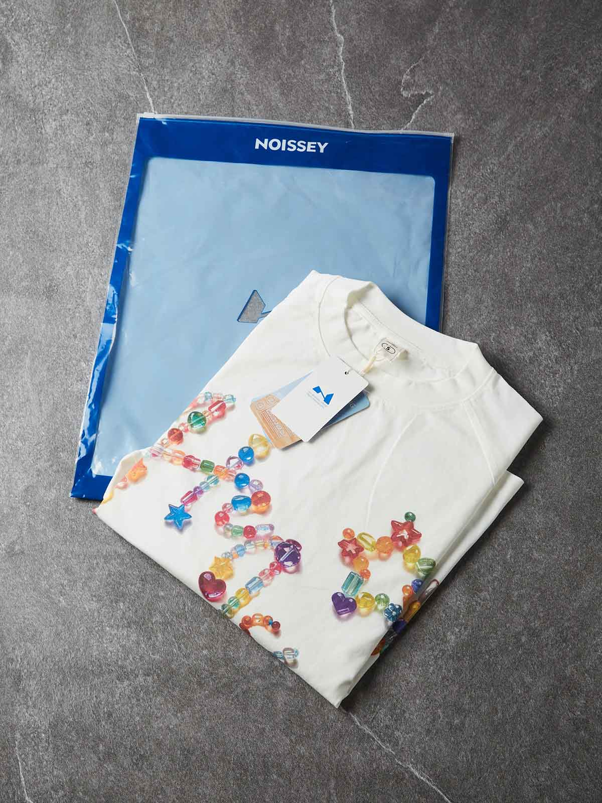 NOISSEY Rainbow Crystal Beaded Script Faux-Two-Piece Long Sleeve - Pearl White