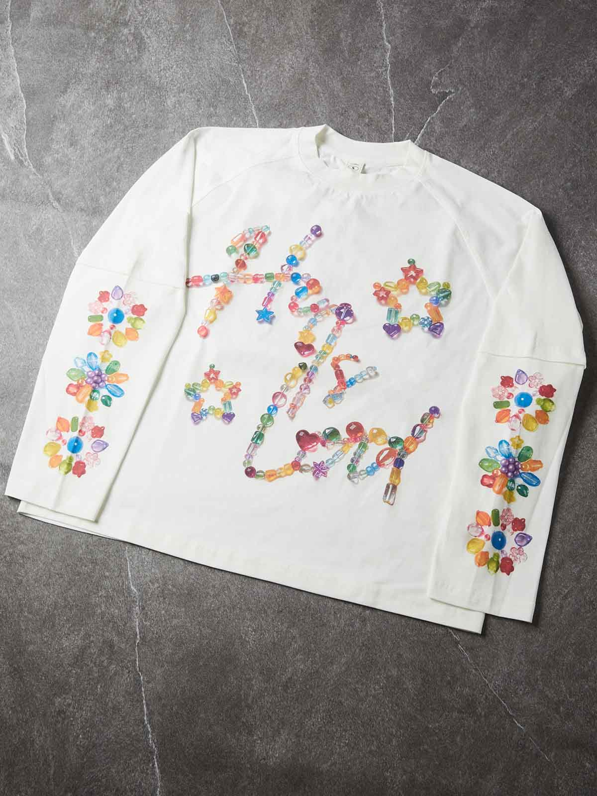 NOISSEY Rainbow Crystal Beaded Script Faux-Two-Piece Long Sleeve - Pearl White