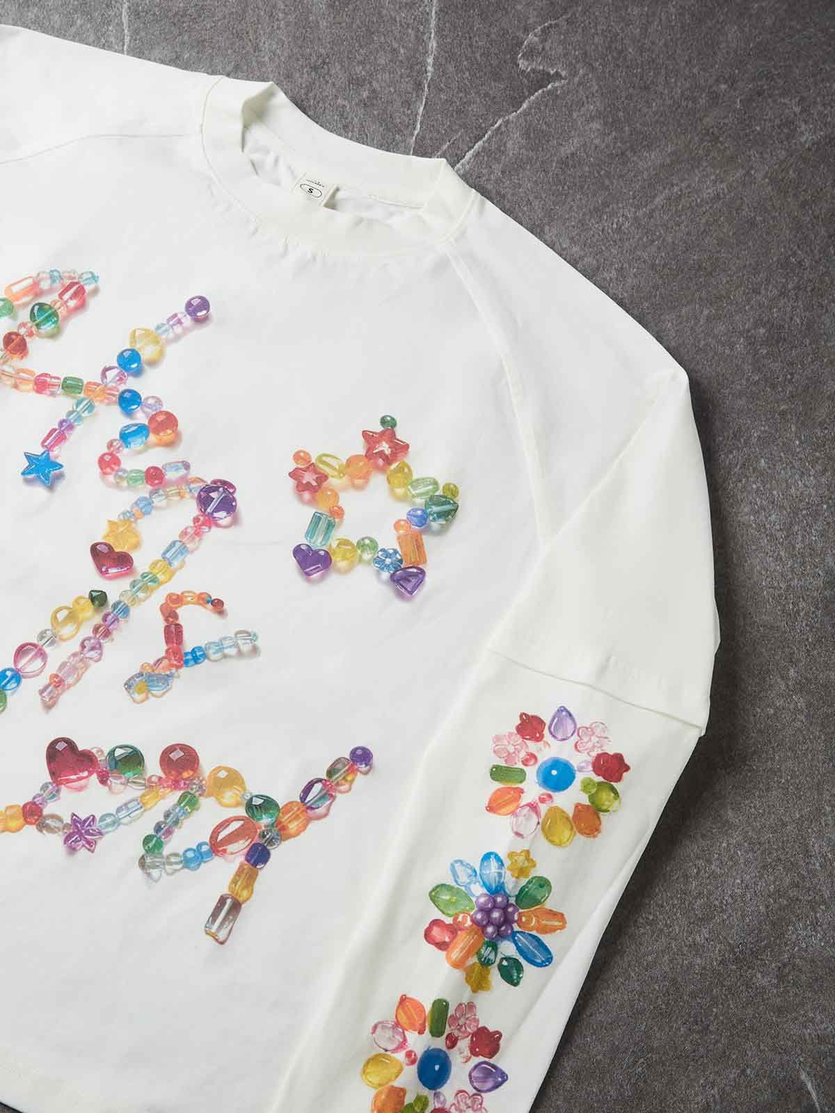 NOISSEY Rainbow Crystal Beaded Script Faux-Two-Piece Long Sleeve - Pearl White