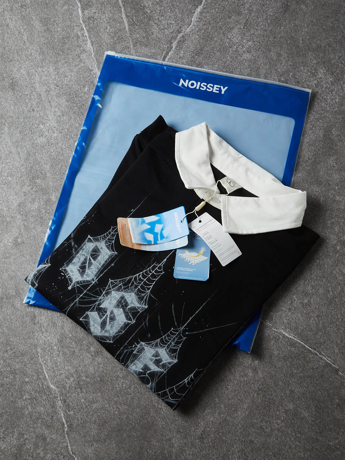 NOISSEY Diamond Spiderweb Graphic Long Sleeve Polo Sweatshirt - Pure Black (Full Sleeve Print Edition)