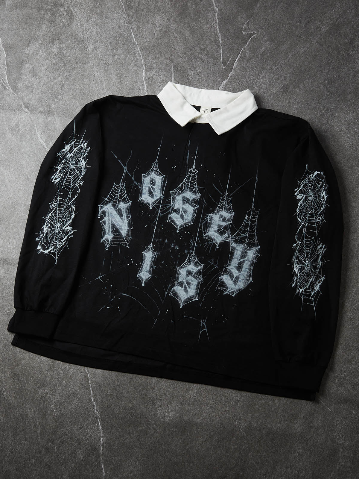 NOISSEY Diamond Spiderweb Graphic Long Sleeve Polo Sweatshirt - Pure Black (Full Sleeve Print Edition)