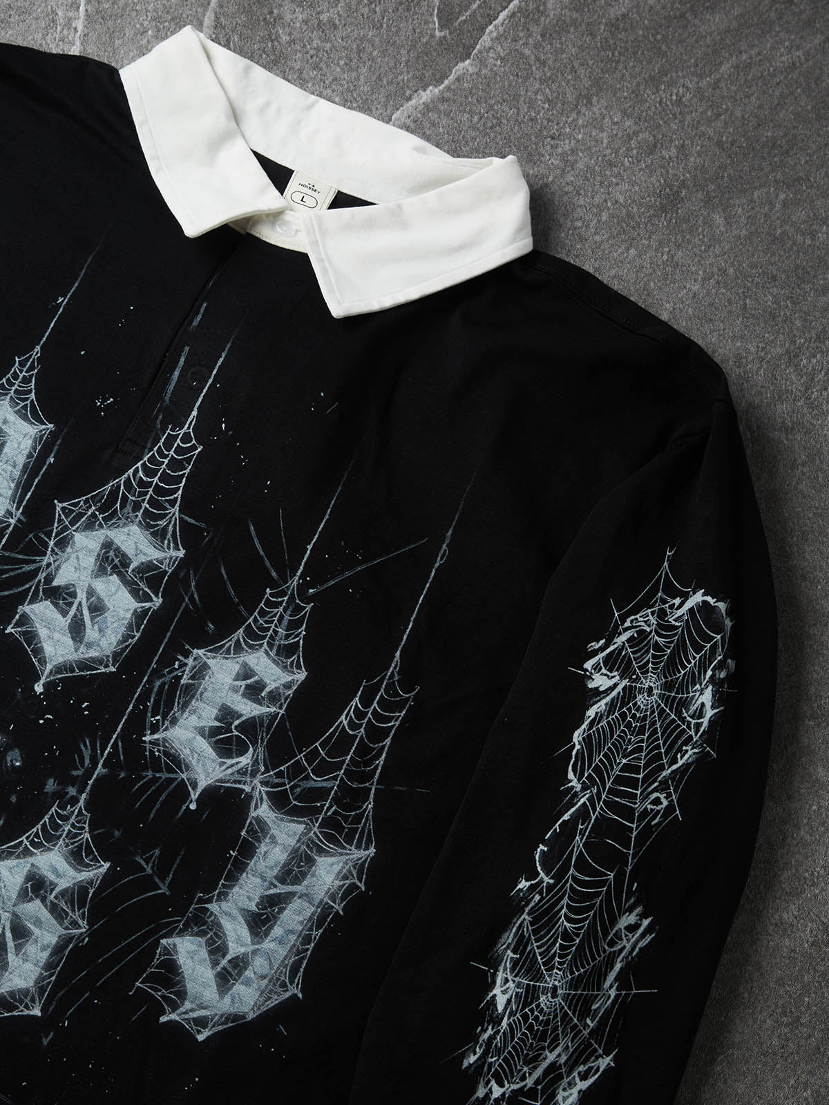 NOISSEY Diamond Spiderweb Graphic Long Sleeve Polo Sweatshirt - Pure Black (Full Sleeve Print Edition)