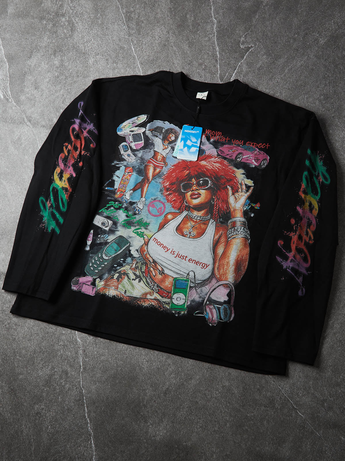 NOISSEY Y2K Retro Graffiti Female Portrait Long-Sleeve Sweatshirt - Pure White / Classic Black