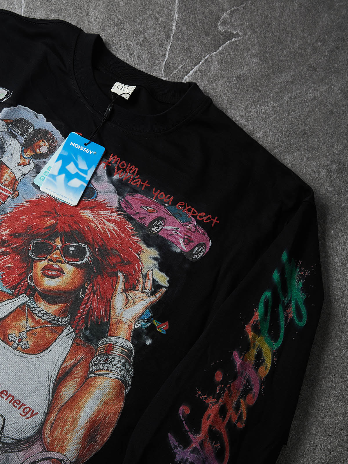 NOISSEY Y2K Retro Graffiti Female Portrait Long-Sleeve Sweatshirt - Pure White / Classic Black