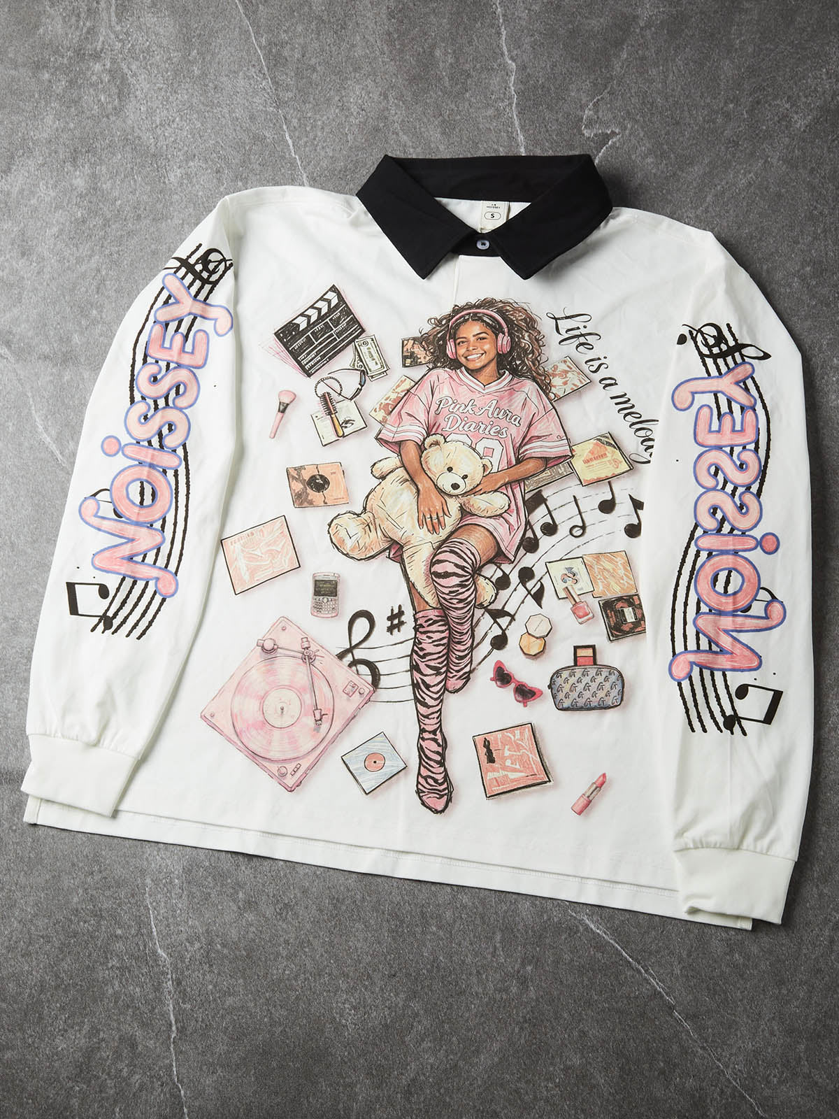 NOISSEY Teddy Bear Girl &amp; Vinyl Record Graphic Polo Sweatshirt - White Streetwear Shirt
