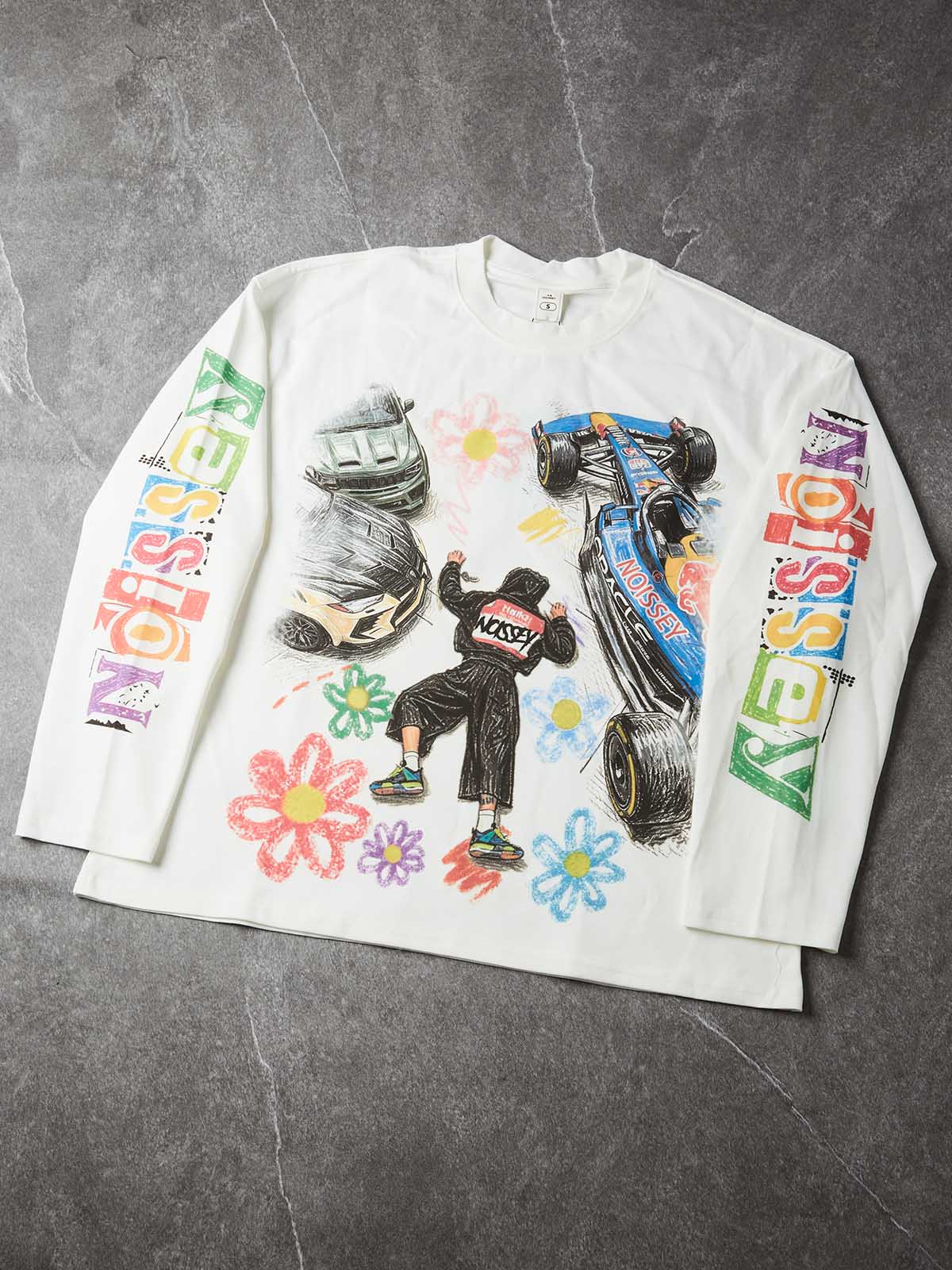 NOISSEY Falling Stars Motorsport Graffiti Art Long Sleeve Tee - White