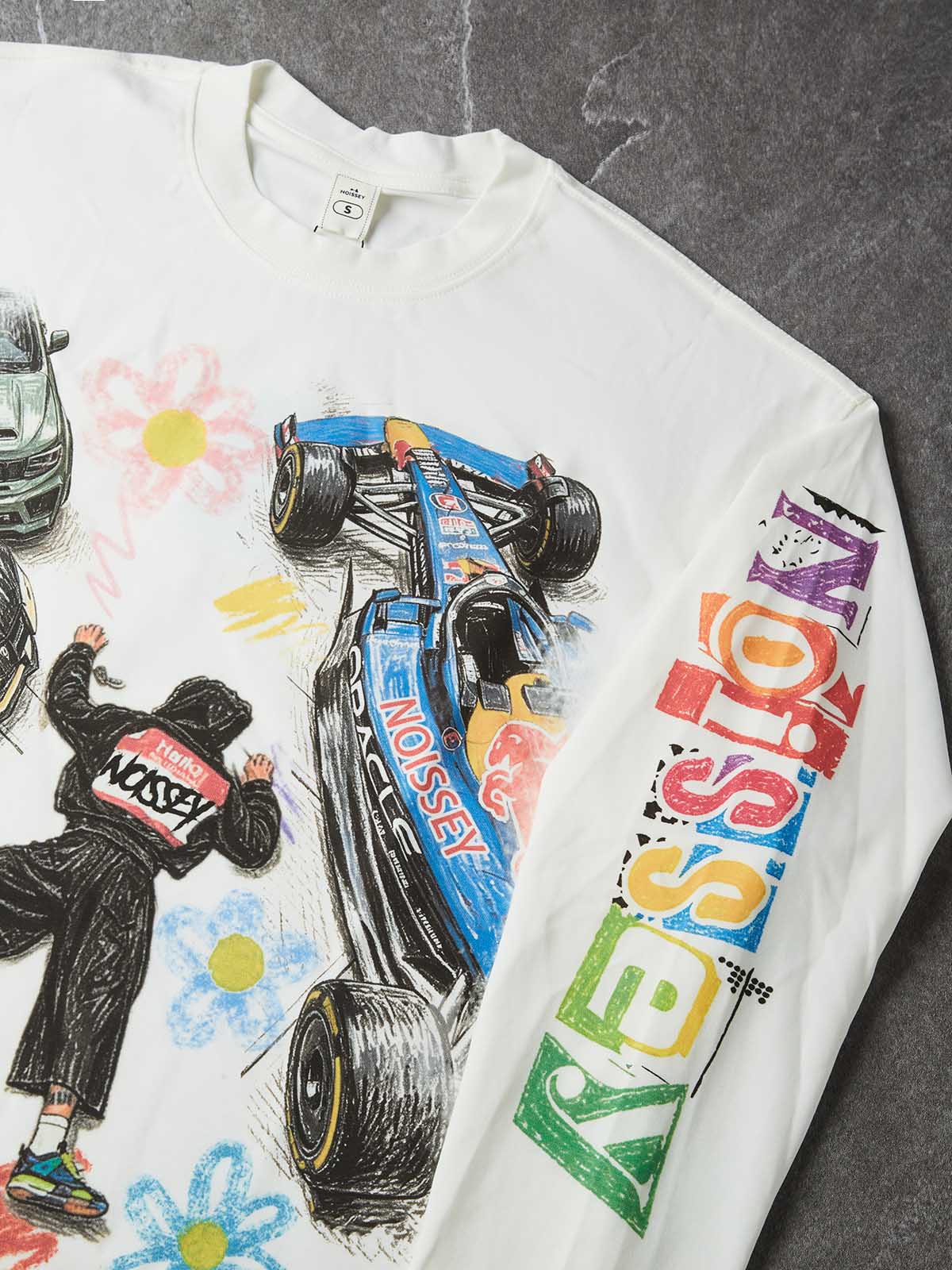 NOISSEY Falling Stars Motorsport Graffiti Art Long Sleeve Tee - White