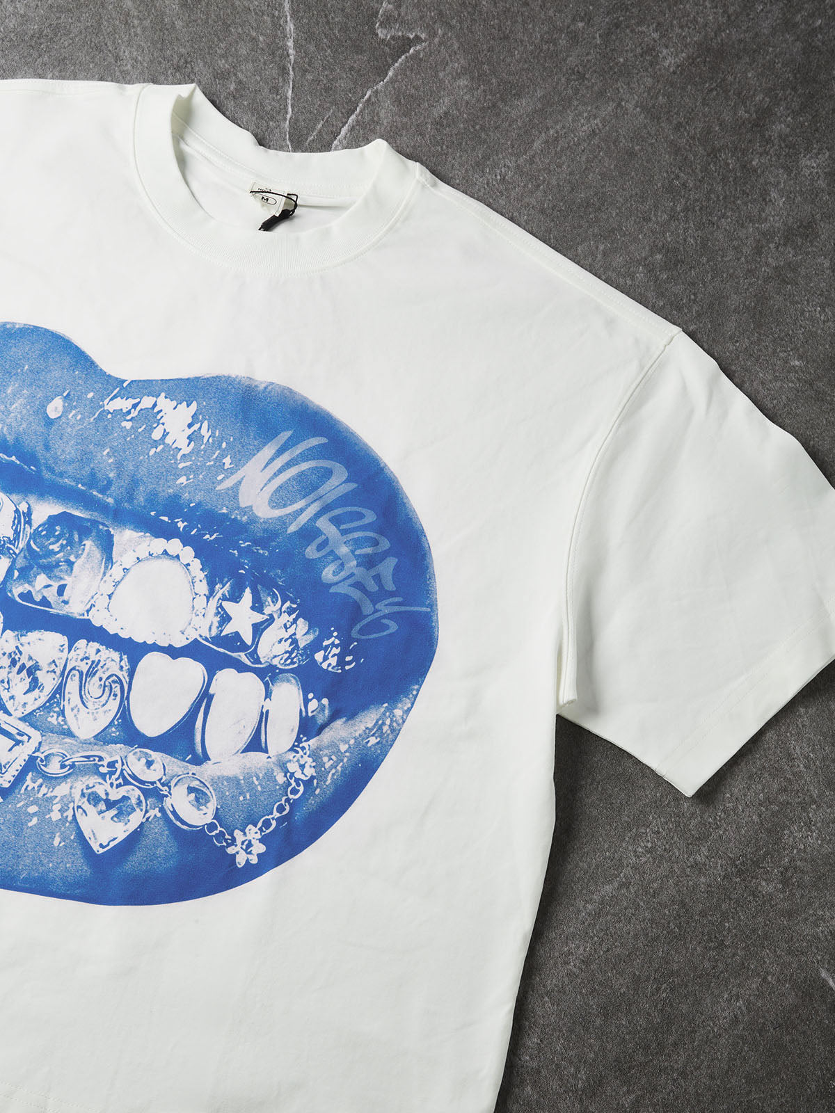 NOISSEY Blue Iced-Out Grillz Lips Graphic T-Shirt - White Boxy  Streetwear Tee
