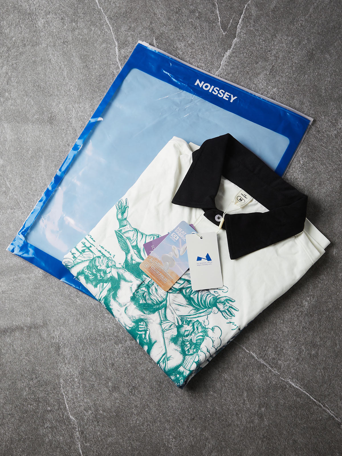 NOISSEY Vintage Engraving Angel &amp; Redemption Jesus Contrast Collar Polo Long Sleeves - White Streetwear Shirt