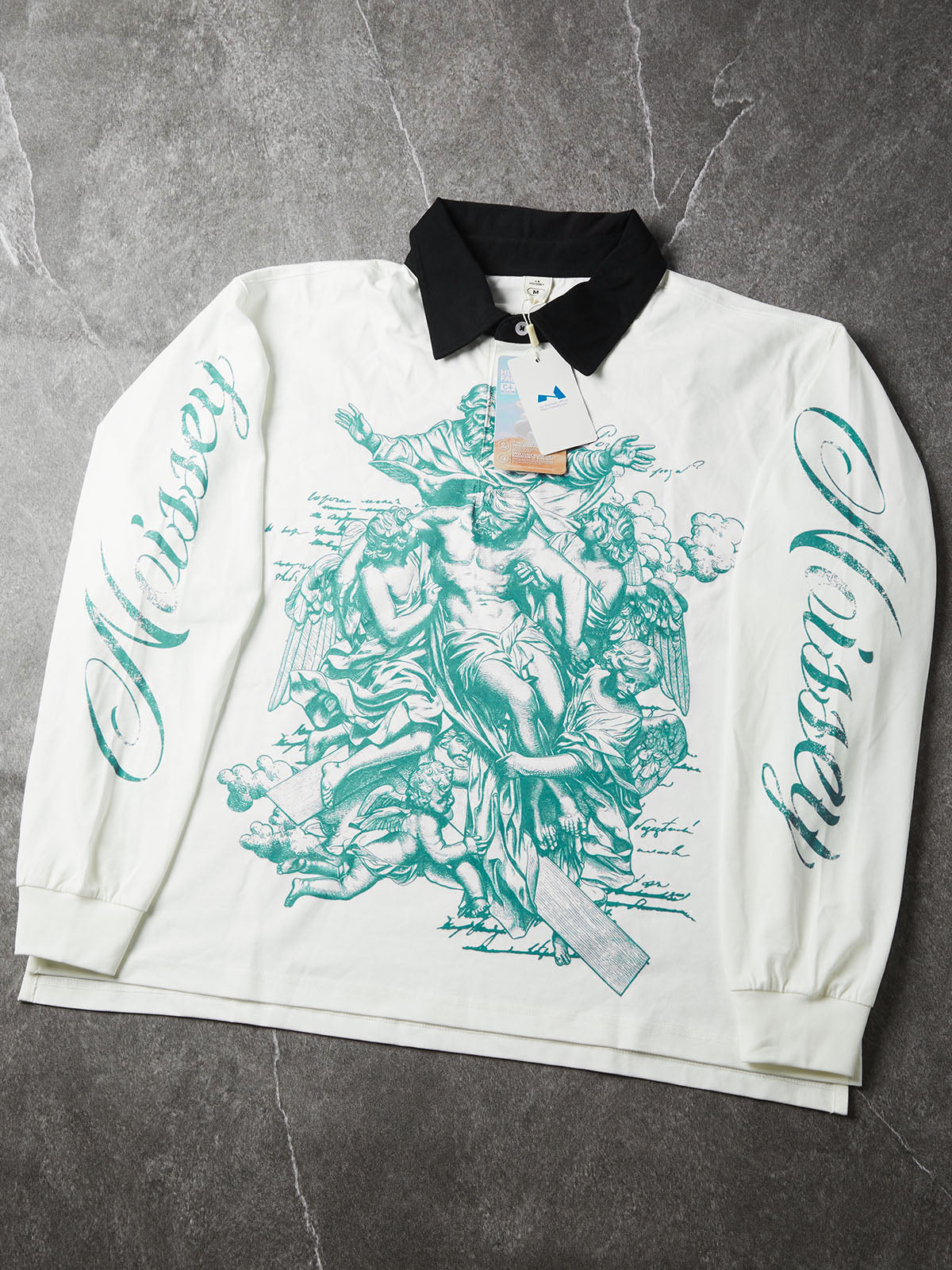 NOISSEY Vintage Engraving Angel &amp; Redemption Jesus Contrast Collar Polo Long Sleeves - White Streetwear Shirt