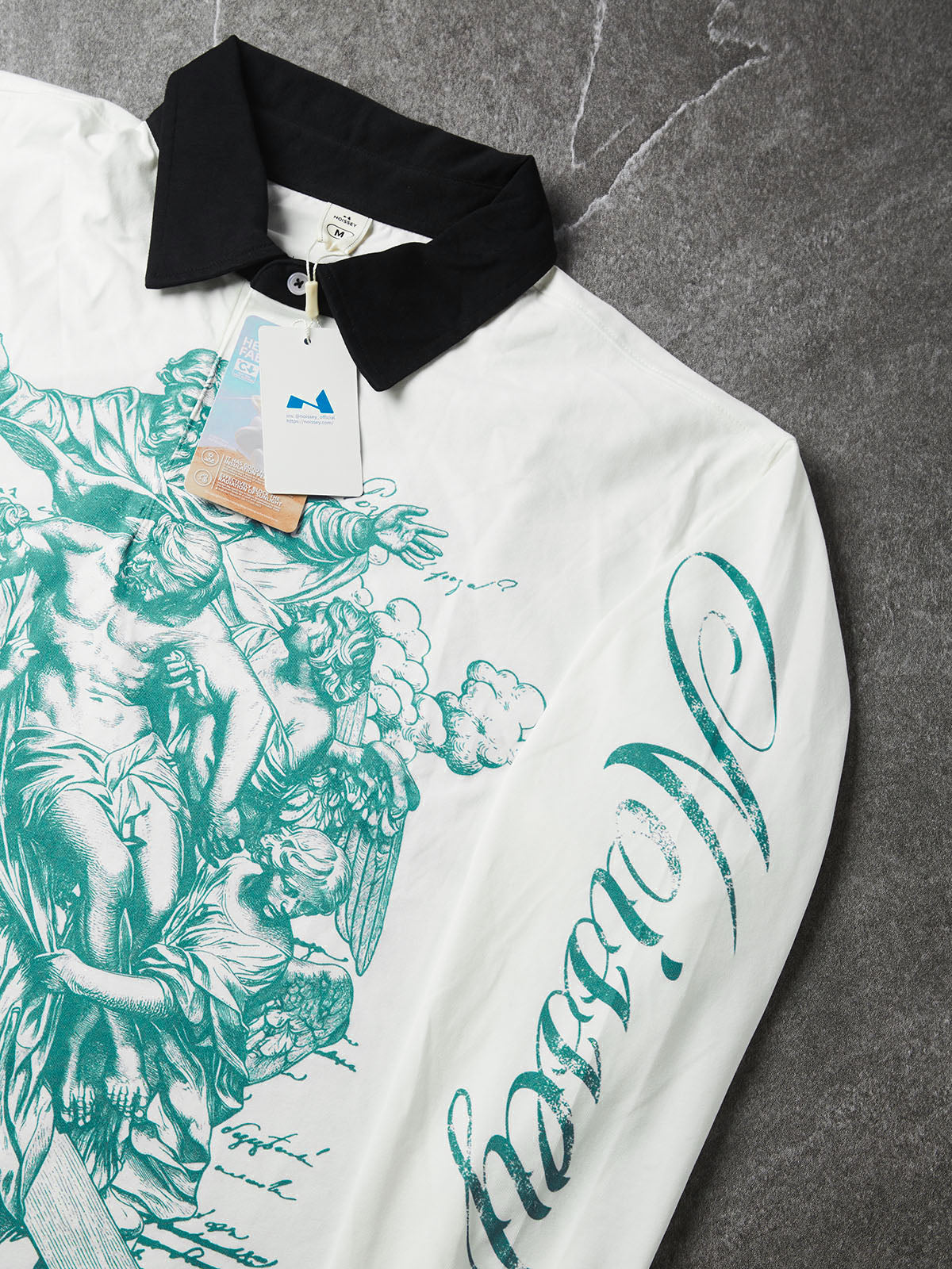 NOISSEY Vintage Engraving Angel &amp; Redemption Jesus Contrast Collar Polo Long Sleeves - White Streetwear Shirt