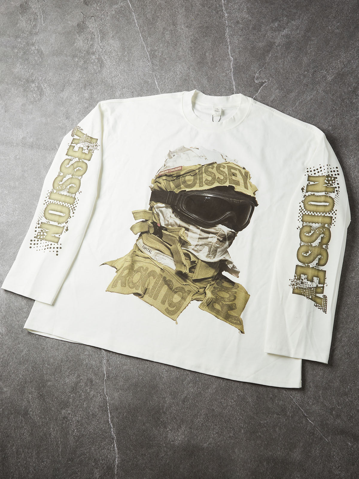 NOISSEY Masked Figure Goggles Graphic Long Sleeve Sweatshirt - White Tactical Streetwear Pullover
