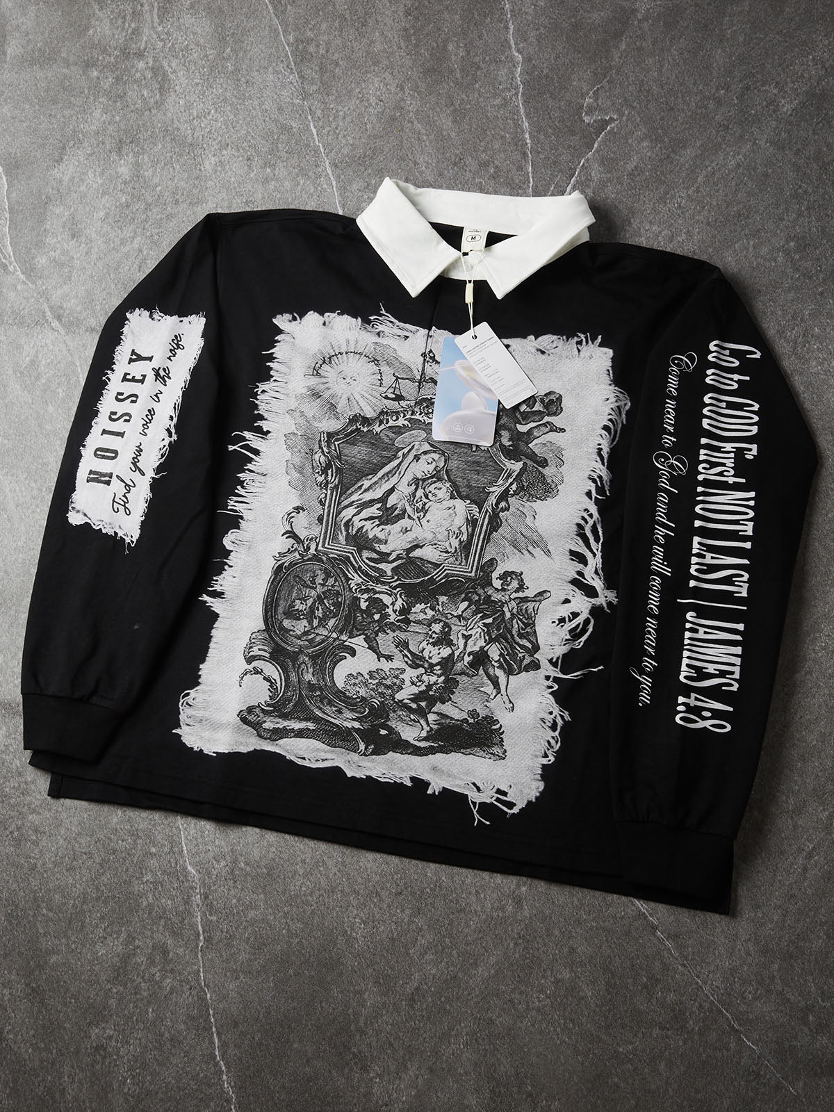 NOISSEY Fray-Edge Virgin & Child Graphic Contrast Collar Polo Sweatshirt - Black Streetwear Shirt