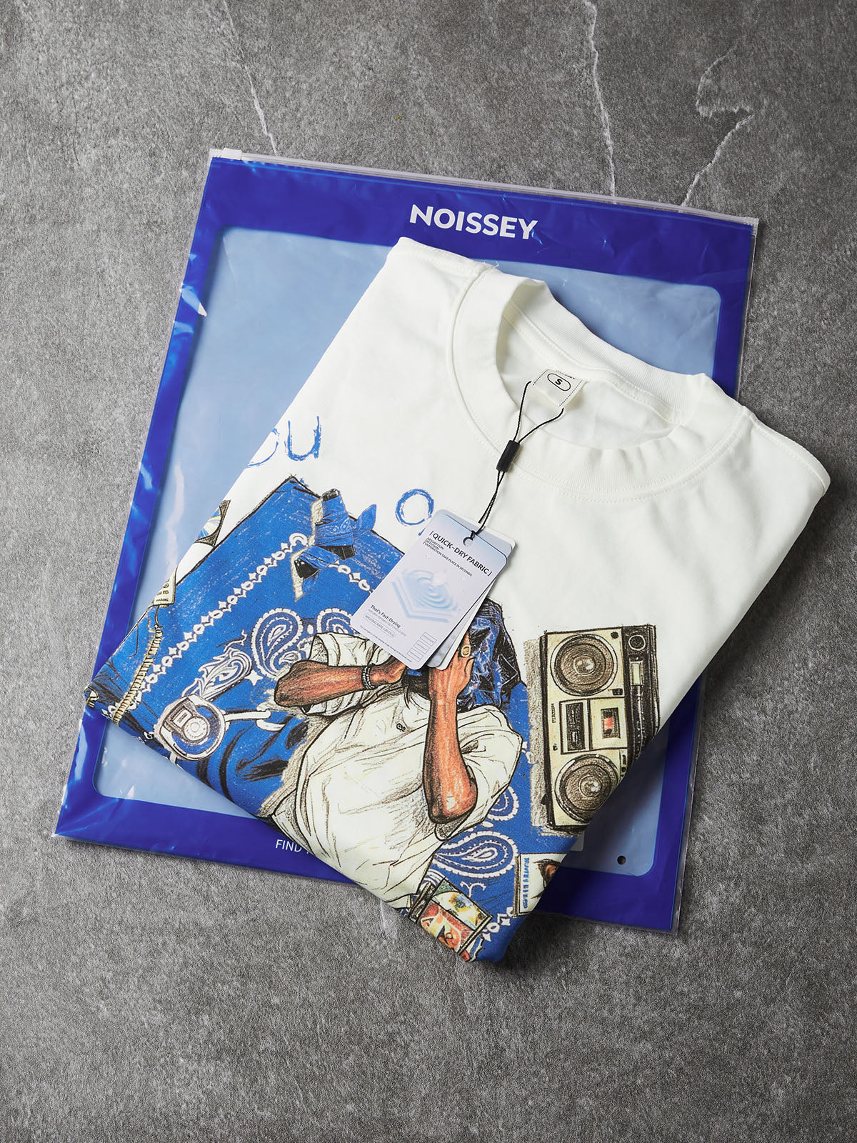 NOISSEY YOLO Blue Paisley Vintage Rap Sketch Graphic Long Sleeve - White / Black Boxy Streetwear Shirt