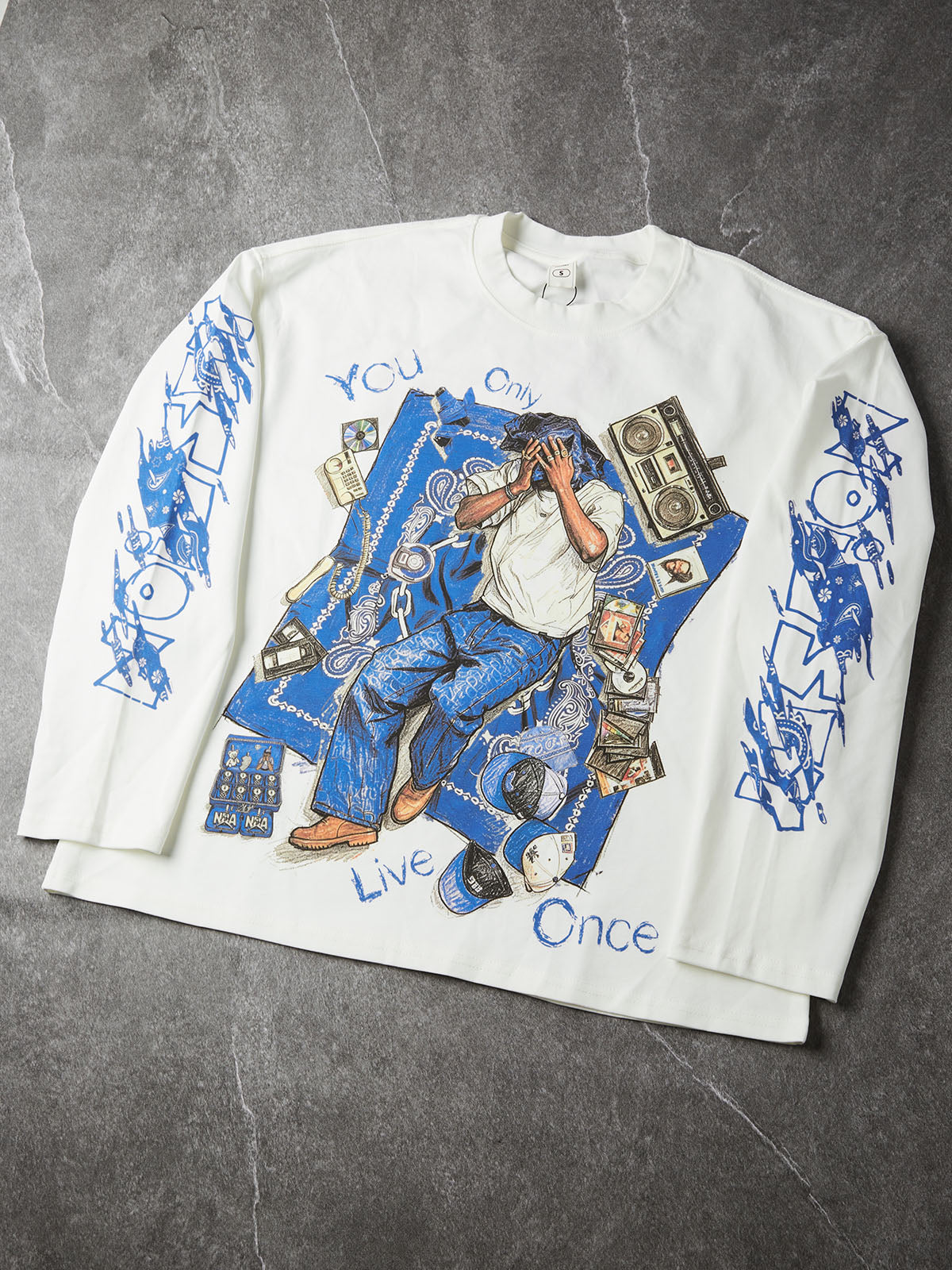 NOISSEY YOLO Blue Paisley Vintage Rap Sketch Graphic Long Sleeve - White / Black Boxy Streetwear Shirt