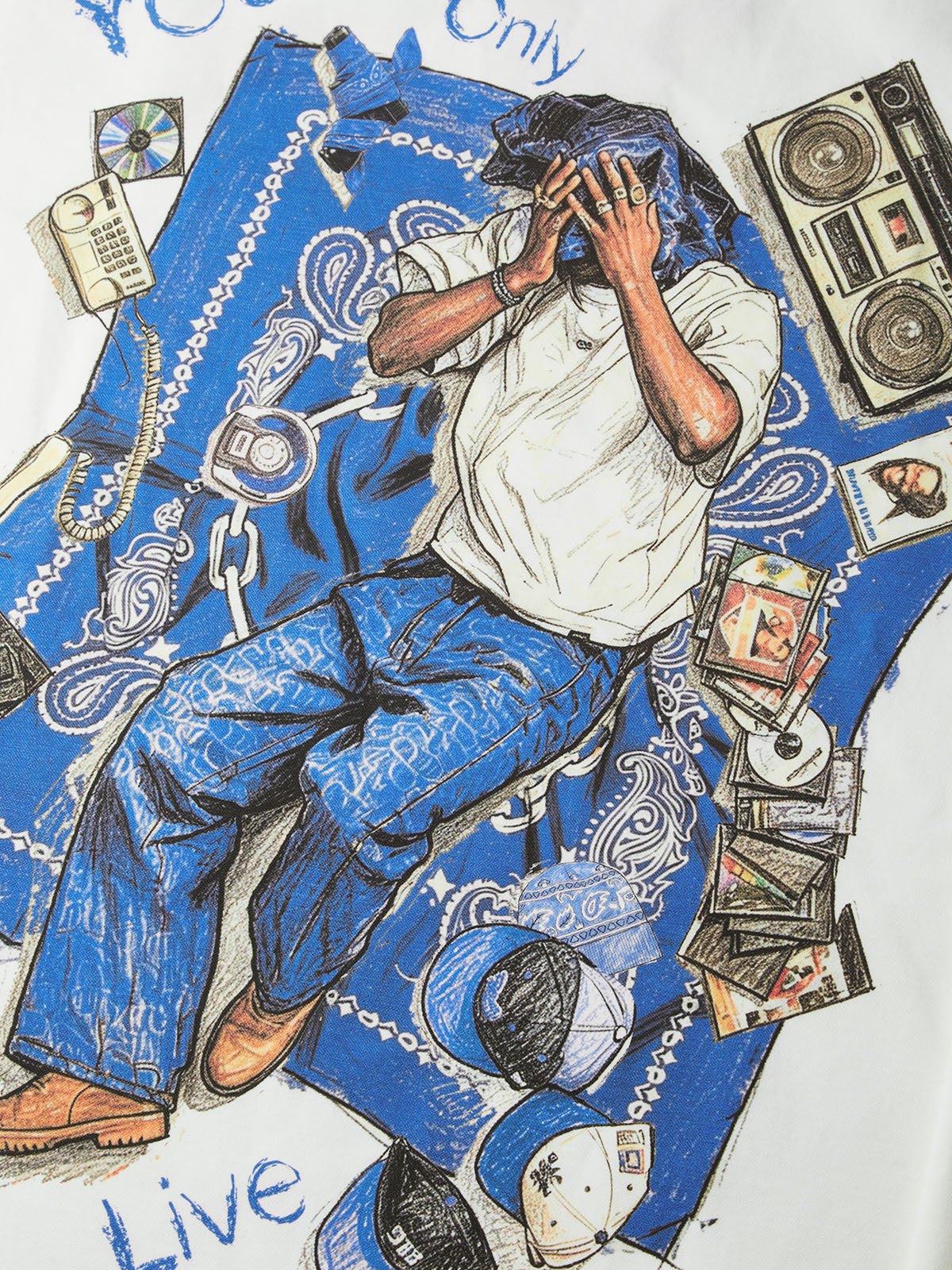 NOISSEY YOLO Blue Paisley Vintage Rap Sketch Graphic Long Sleeve - White / Black Boxy Streetwear Shirt