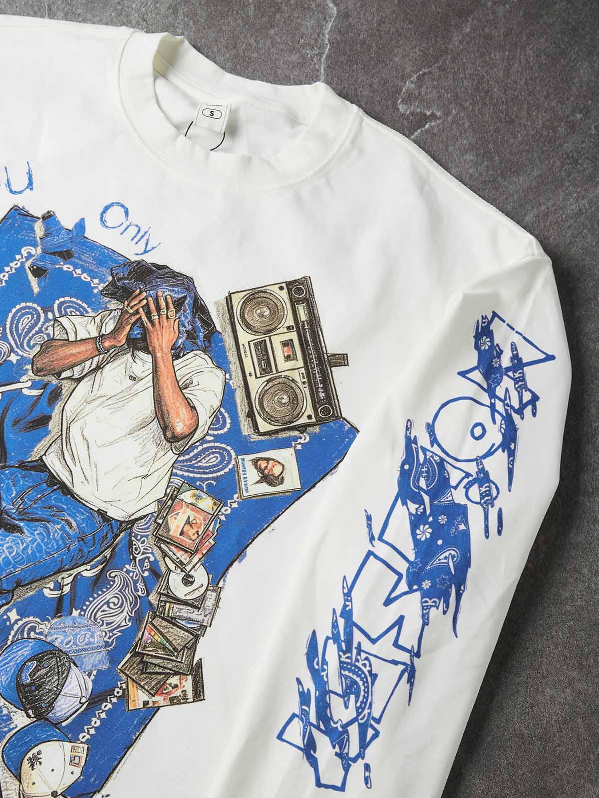 NOISSEY YOLO Blue Paisley Vintage Rap Sketch Graphic Long Sleeve - White / Black Boxy Streetwear Shirt