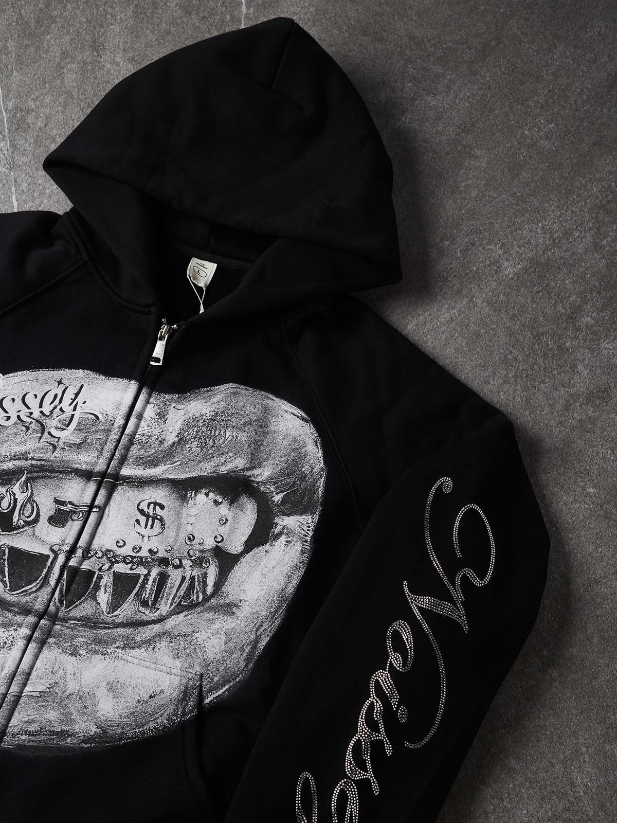 NOISSEY Metallic Grillz Lips &amp; Rhinestone Sleeve Zip-Up Hoodie - Black Streetwear Hoodie