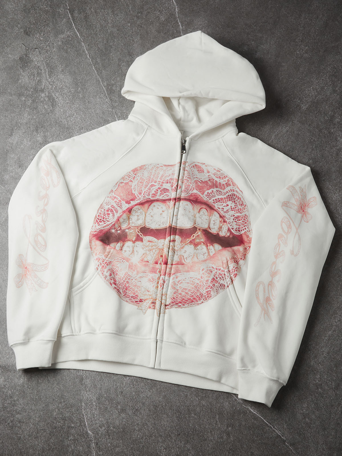 NOISSEY Pink Lace & Bow Grillz Lips Graphic Zip-Up Hoodie - White Y2K Streetwear Hoodie