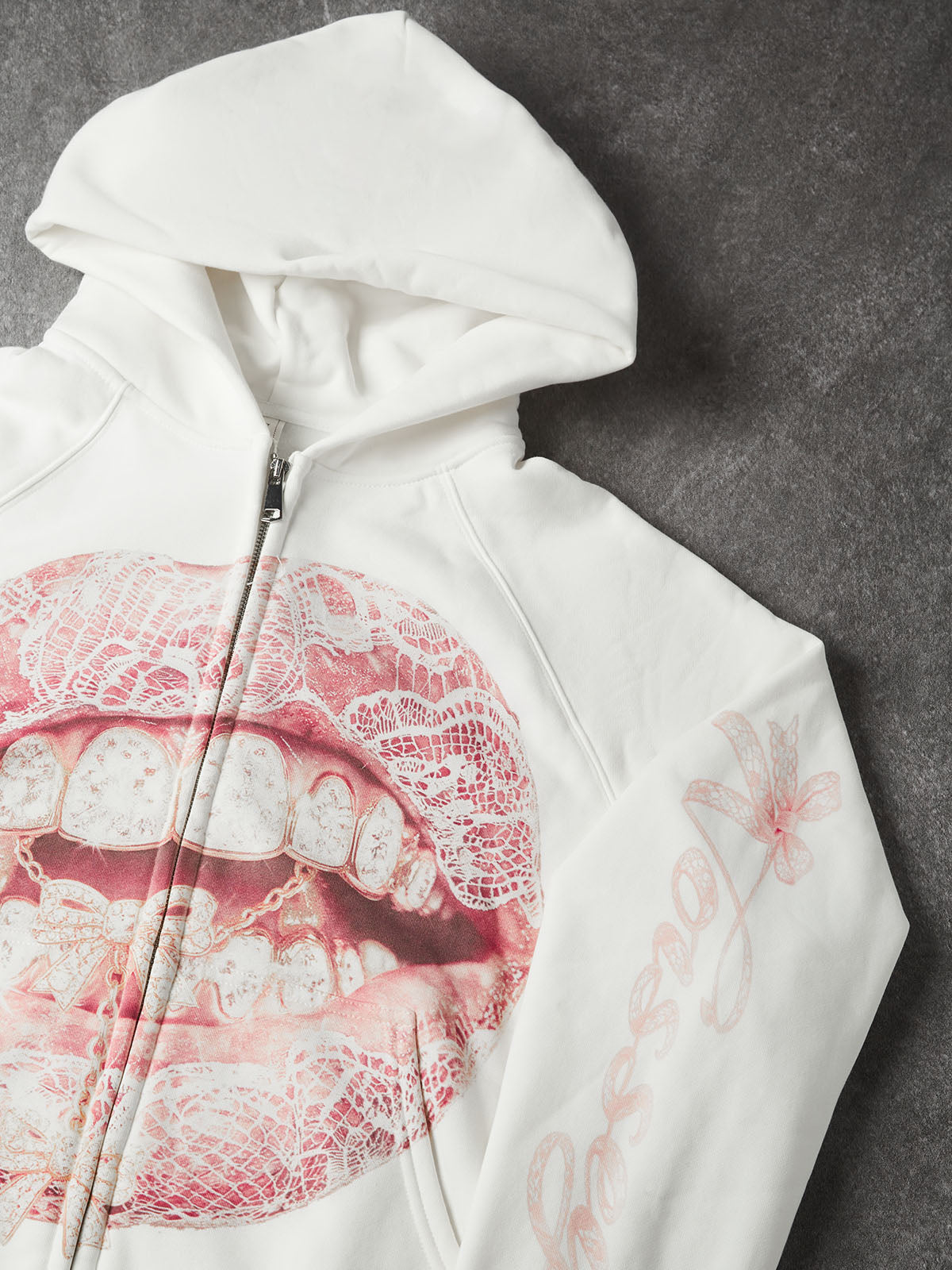 NOISSEY Pink Lace & Bow Grillz Lips Graphic Zip-Up Hoodie - White Y2K Streetwear Hoodie