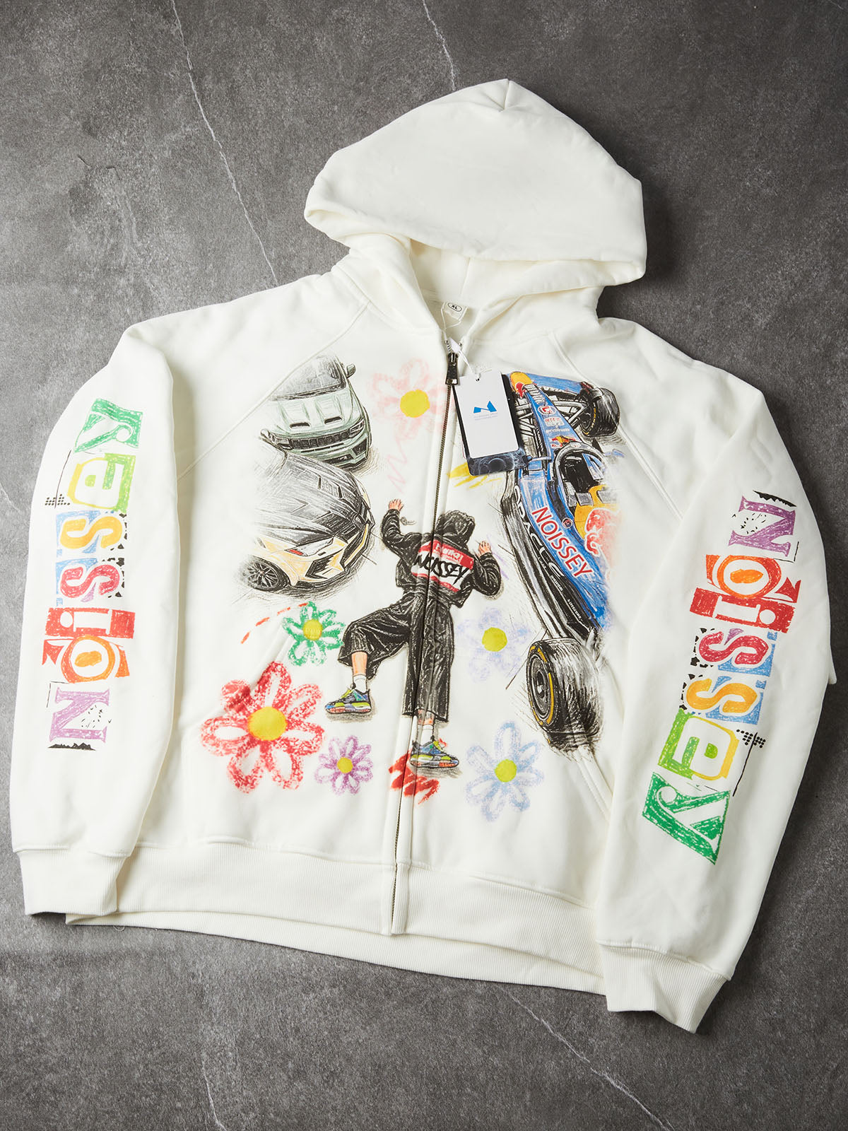 NOISSEY Frog Buttons &amp; Floral Knot Zip Hoodie - Pearl White