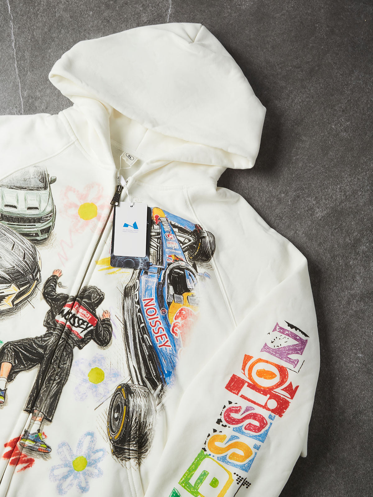 NOISSEY Frog Buttons &amp; Floral Knot Zip Hoodie - Pearl White