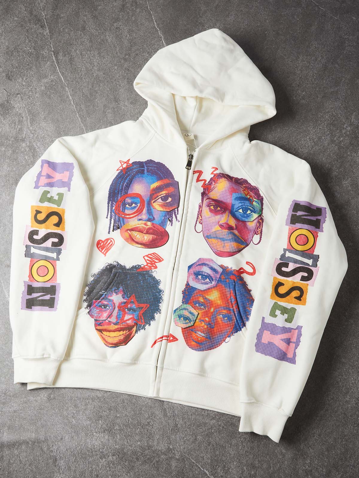 NOISSEY Pop-Art Portrait Collage Graphic Full-Zip Hoodie - White