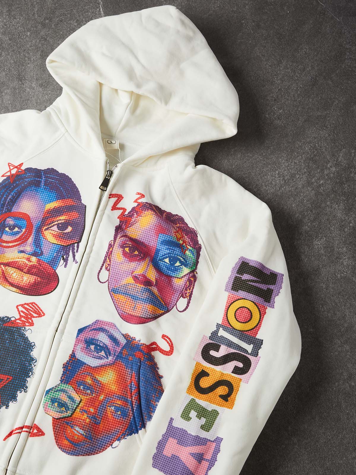 NOISSEY Pop-Art Portrait Collage Graphic Full-Zip Hoodie - White