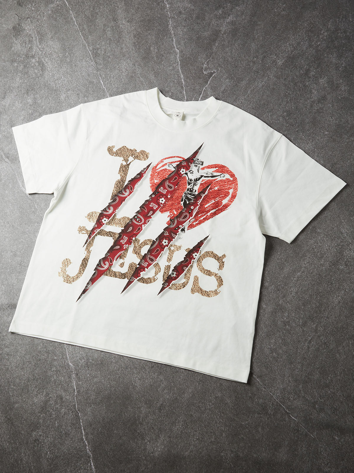 NOISSEY I LOVE JESUS Red Paisley Claw Slash Graphic T-Shirt - White Oversized Streetwear Tee