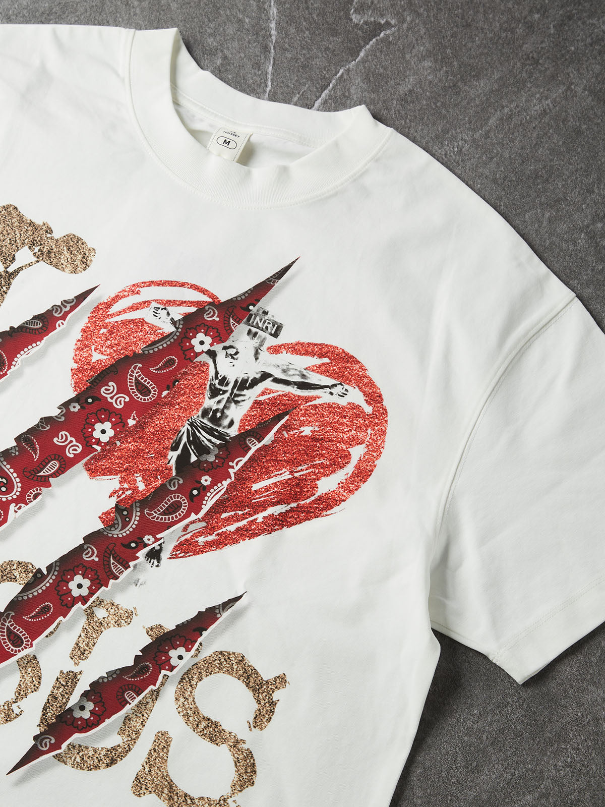 NOISSEY I LOVE JESUS Red Paisley Claw Slash Graphic T-Shirt - White Oversized Streetwear Tee