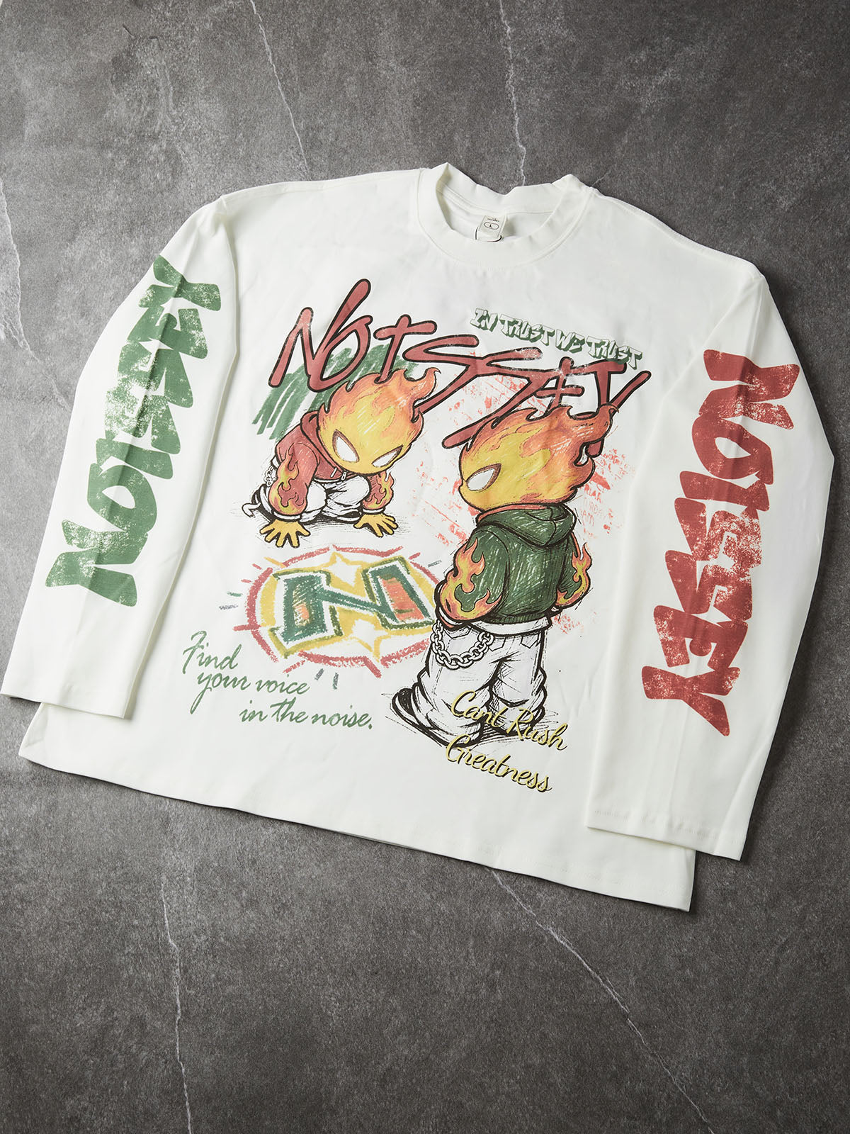 NOISSEY "Twin Flames" Boxy Heavyweight Graffiti Art L/S Tee - Vintage White