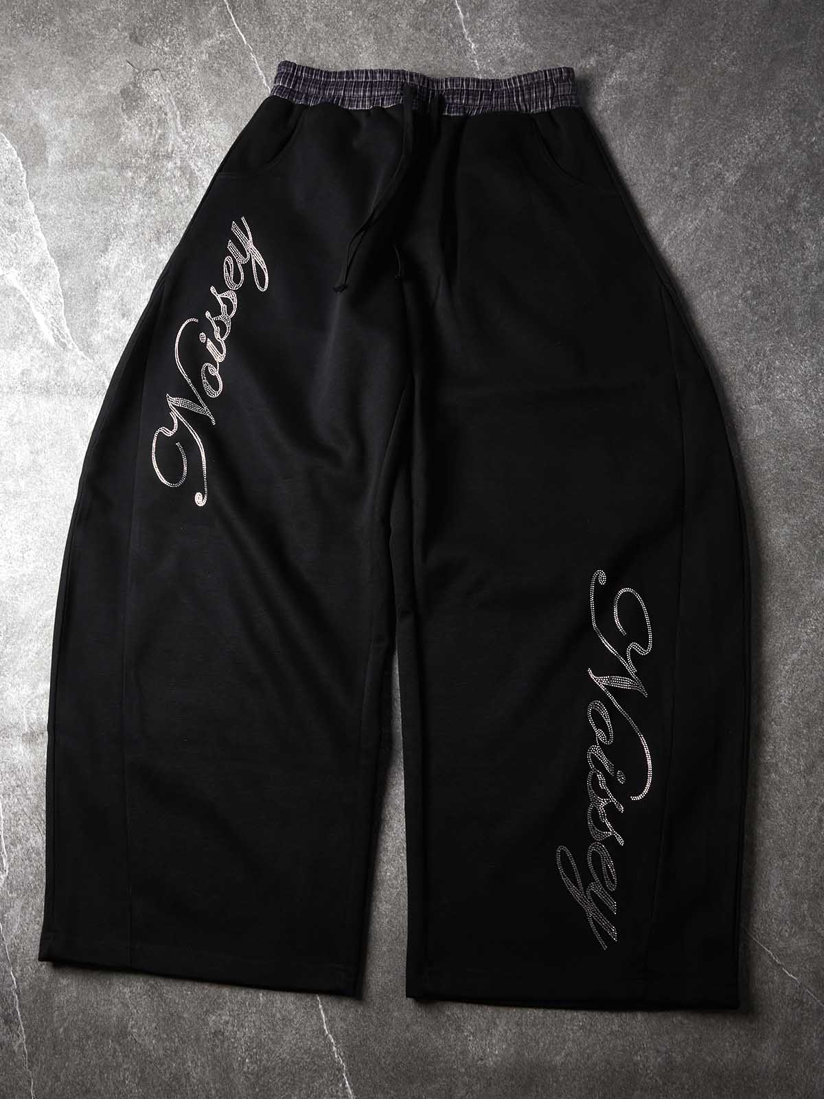 NOISSEY Plaid Waistband Layered Wide-Leg Sweatpants - Black Streetwear Track Pants